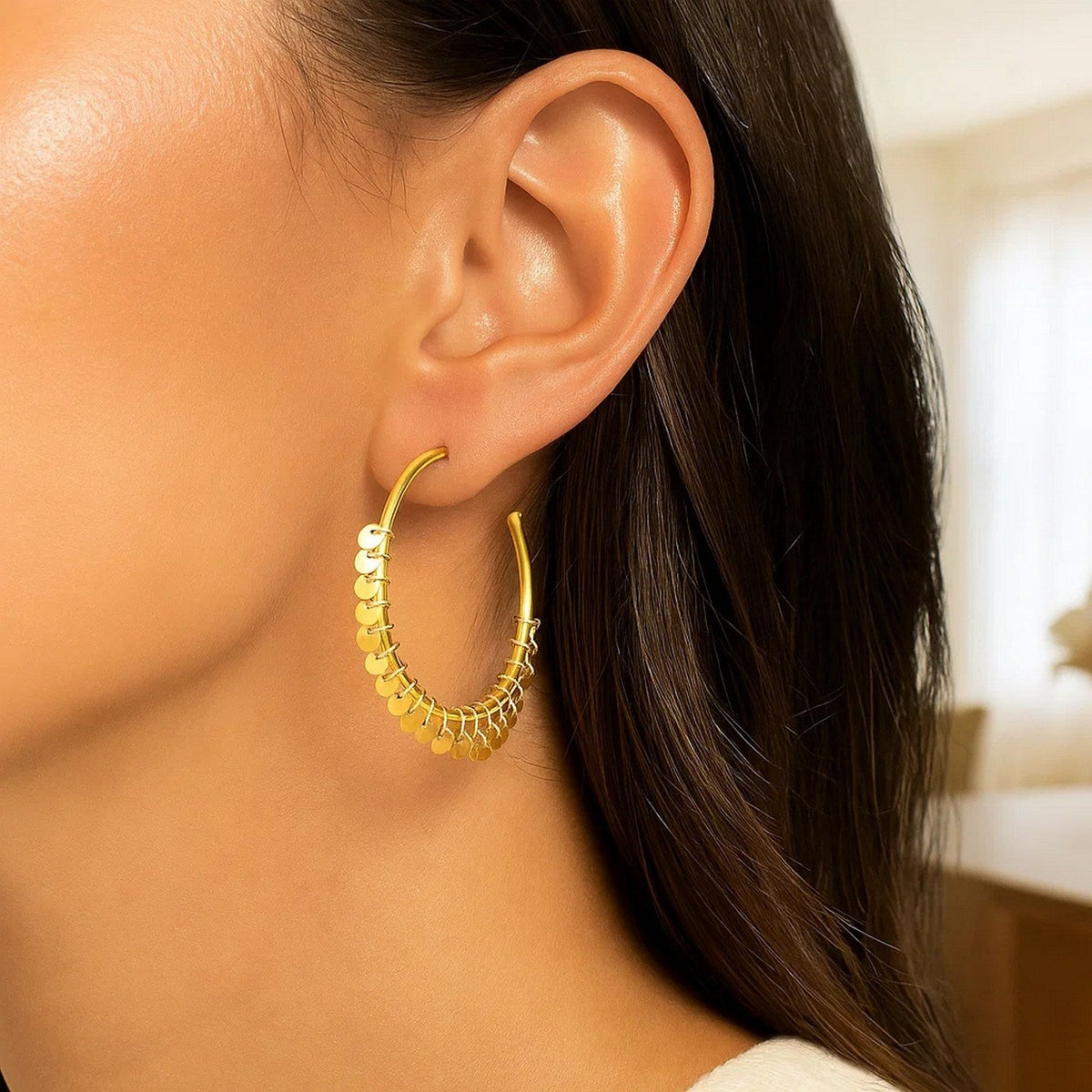 14k Yellow Gold Hoop Style Earrings with Dangling Sequins - LinkagejewelrydesignLinkagejewelrydesign