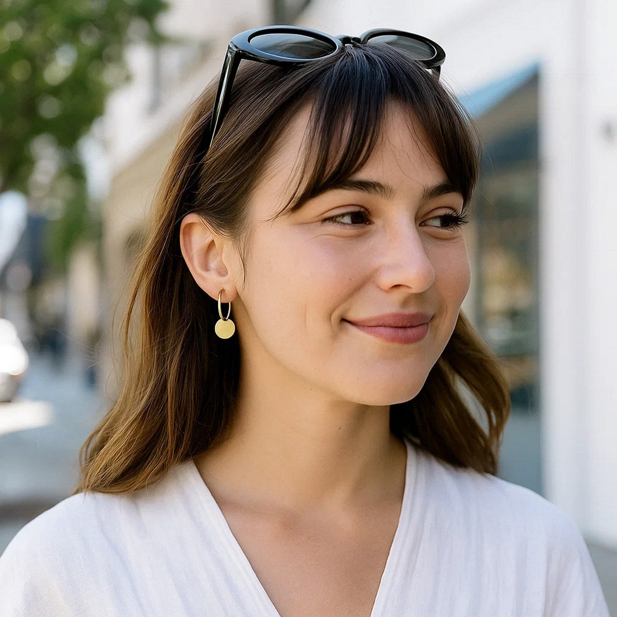 14k Yellow Gold Huggie Style Hoop Earrings with Circle Drops - LinkagejewelrydesignLinkagejewelrydesign