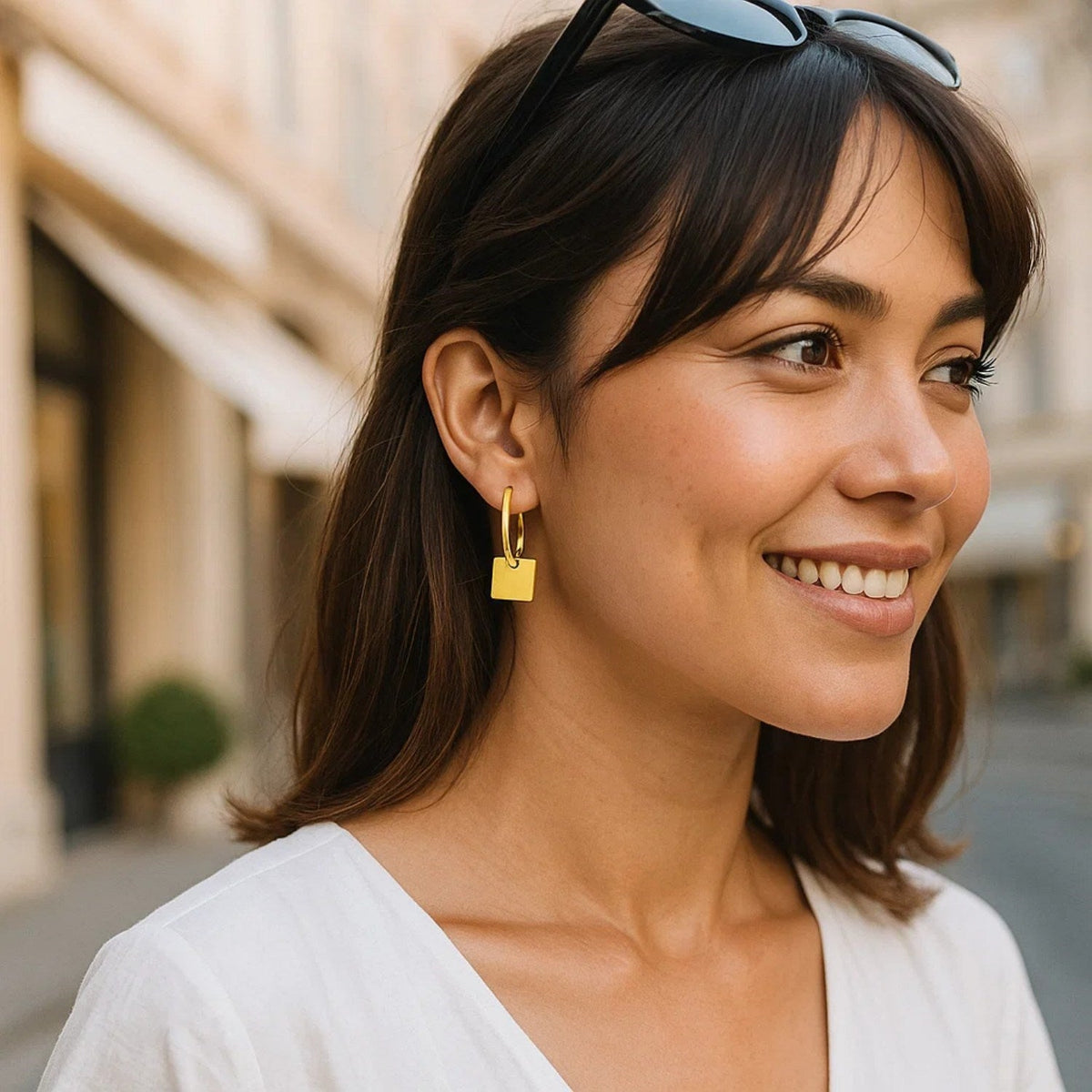 14k Yellow Gold Huggie Style Hoop Earrings with Square Drops - LinkagejewelrydesignLinkagejewelrydesign