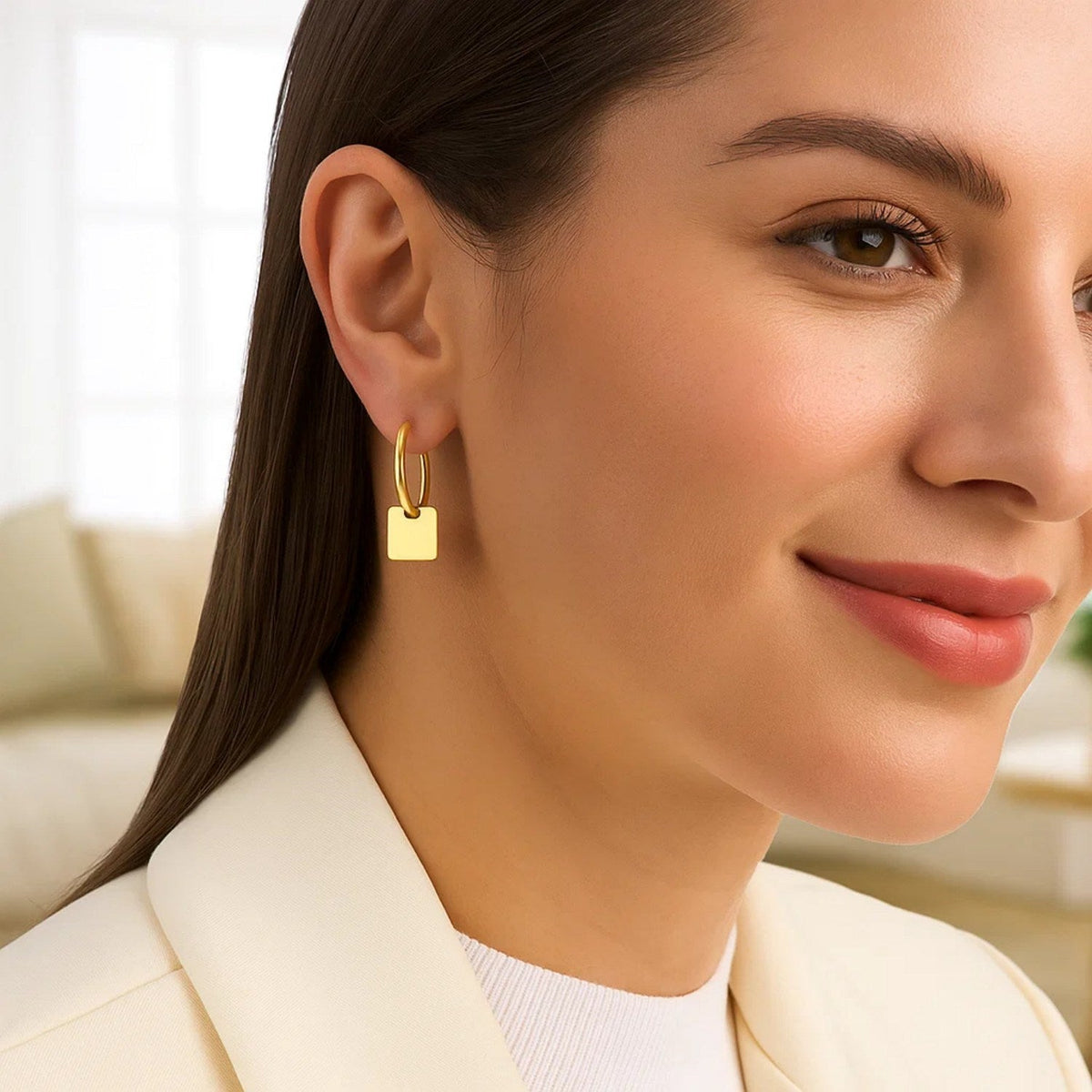 14k Yellow Gold Huggie Style Hoop Earrings with Square Drops - LinkagejewelrydesignLinkagejewelrydesign