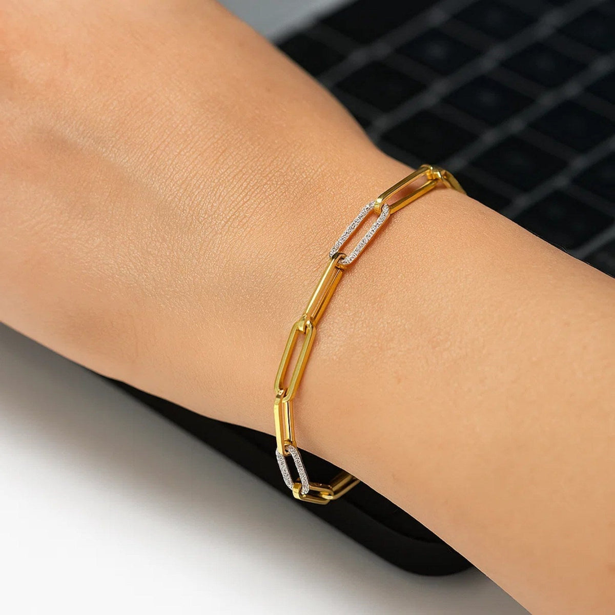 14k Yellow Gold inch Paperclip Chain Bracelet with Three Diamond Links (2.00 mm) - LinkagejewelrydesignLinkagejewelrydesign