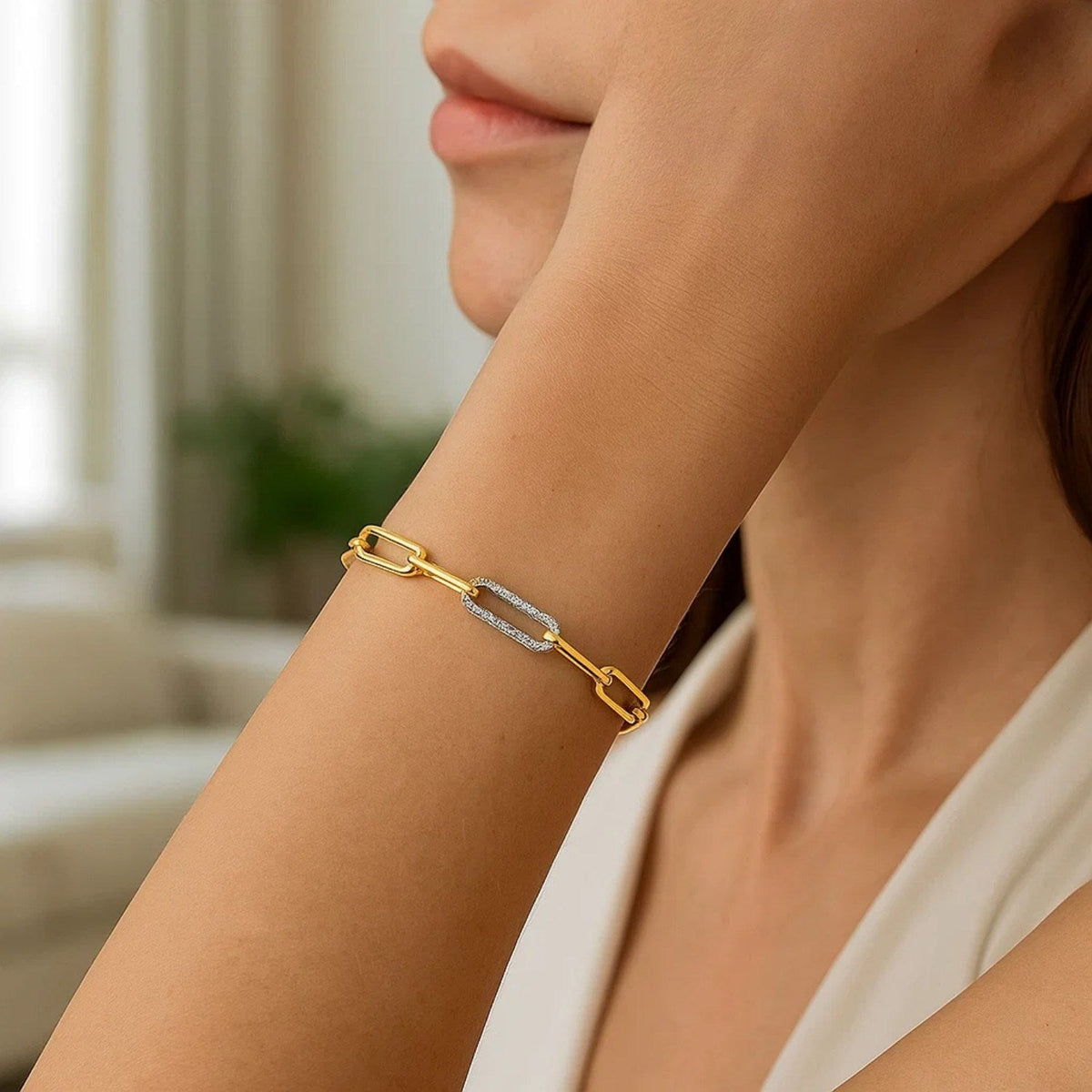 14k Yellow Gold inch Paperclip Chain Bracelet with Three Diamond Links (2.00 mm) - LinkagejewelrydesignLinkagejewelrydesign