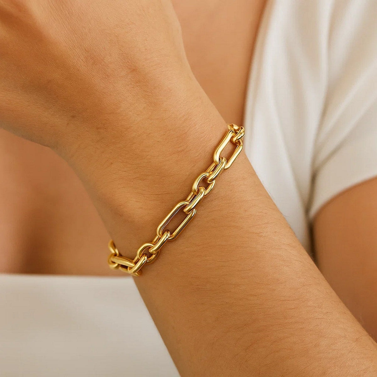 14k Yellow Gold Italian Alternating Paperclip Oval Links Bracelet - LinkagejewelrydesignLinkagejewelrydesign