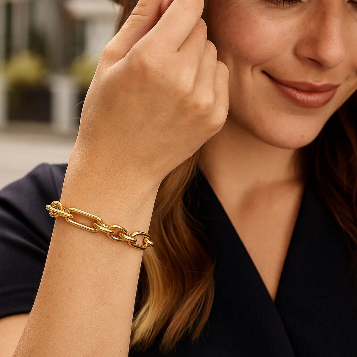 14k Yellow Gold Italian Alternating Paperclip Oval Links Bracelet - LinkagejewelrydesignLinkagejewelrydesign
