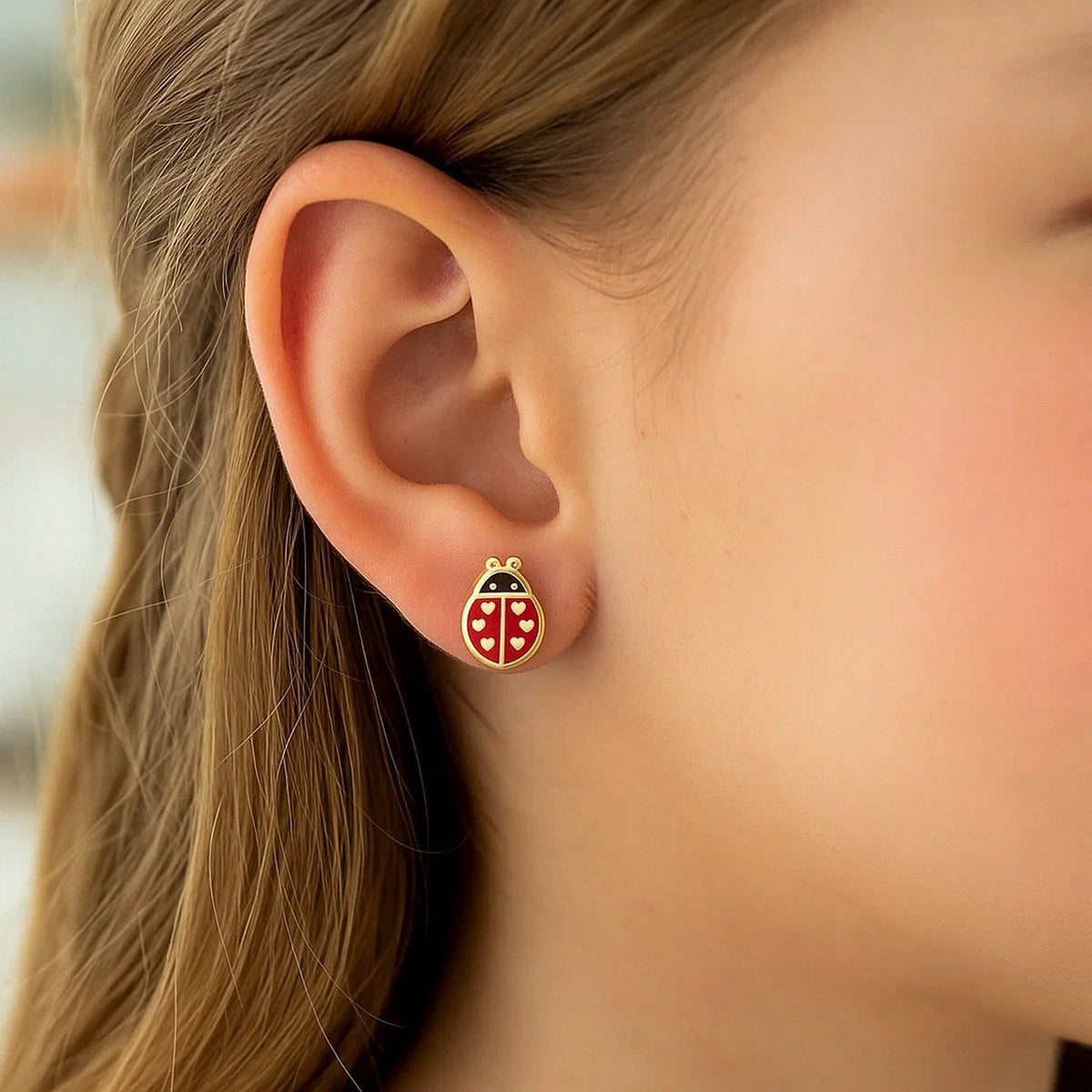 14K Yellow Gold Ladybug Enamel Earrings - LinkagejewelrydesignLinkagejewelrydesign