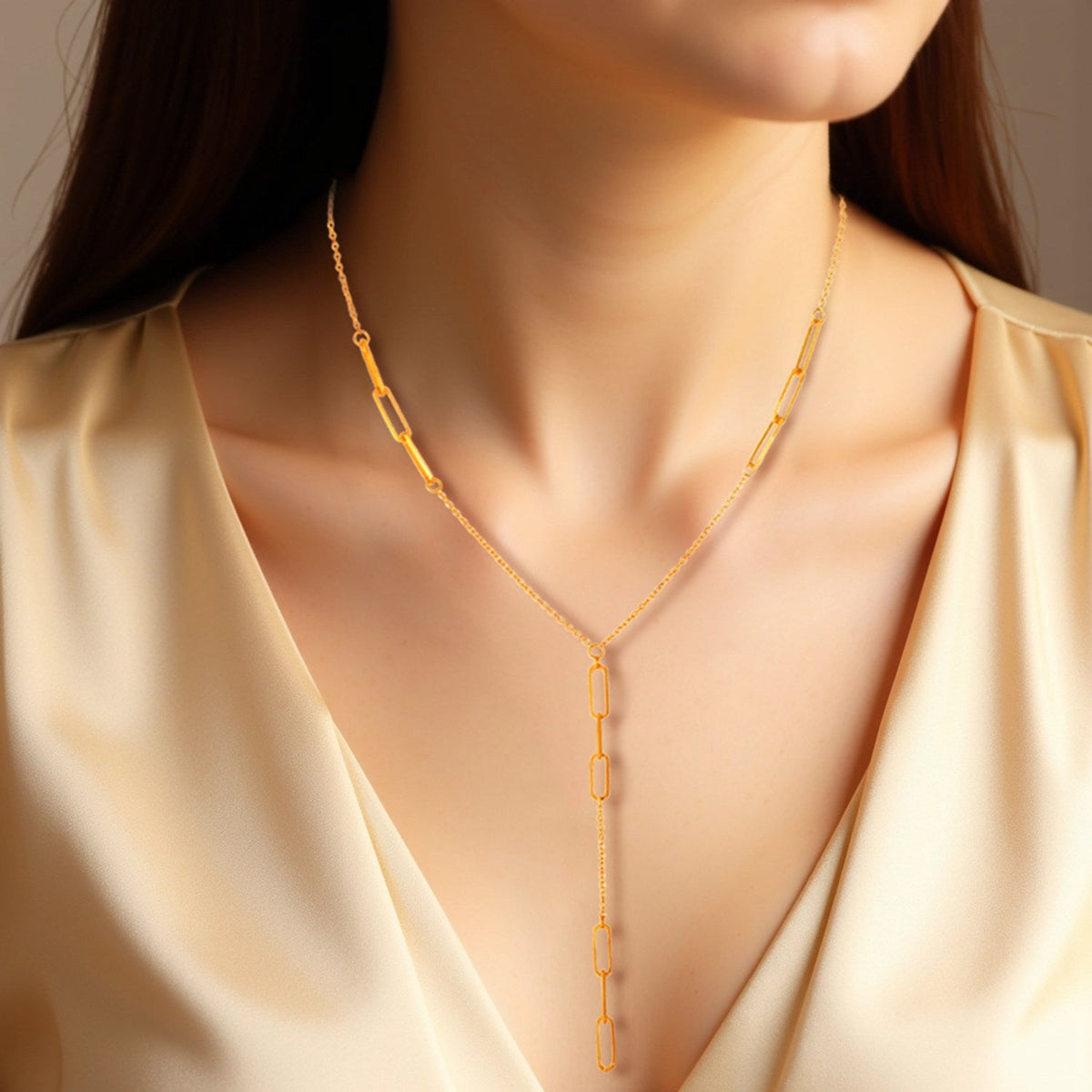 14K Yellow Gold Lariat Necklace with Paperclip Chain Stations - LinkagejewelrydesignLinkagejewelrydesign