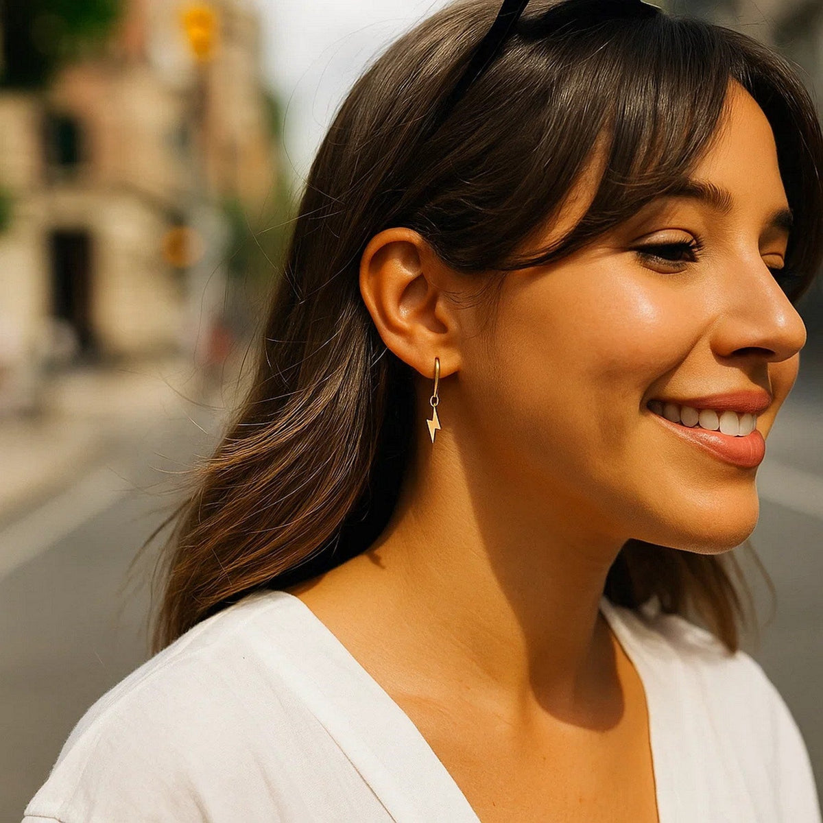 14K Yellow Gold Lighting Bolt Drop Hoop Earrings - LinkagejewelrydesignLinkagejewelrydesign