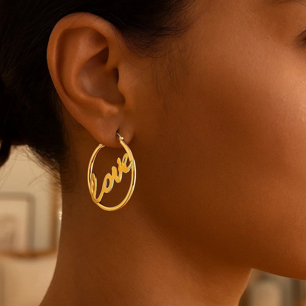 14K Yellow Gold Love Hoop Earrings - LinkagejewelrydesignLinkagejewelrydesign