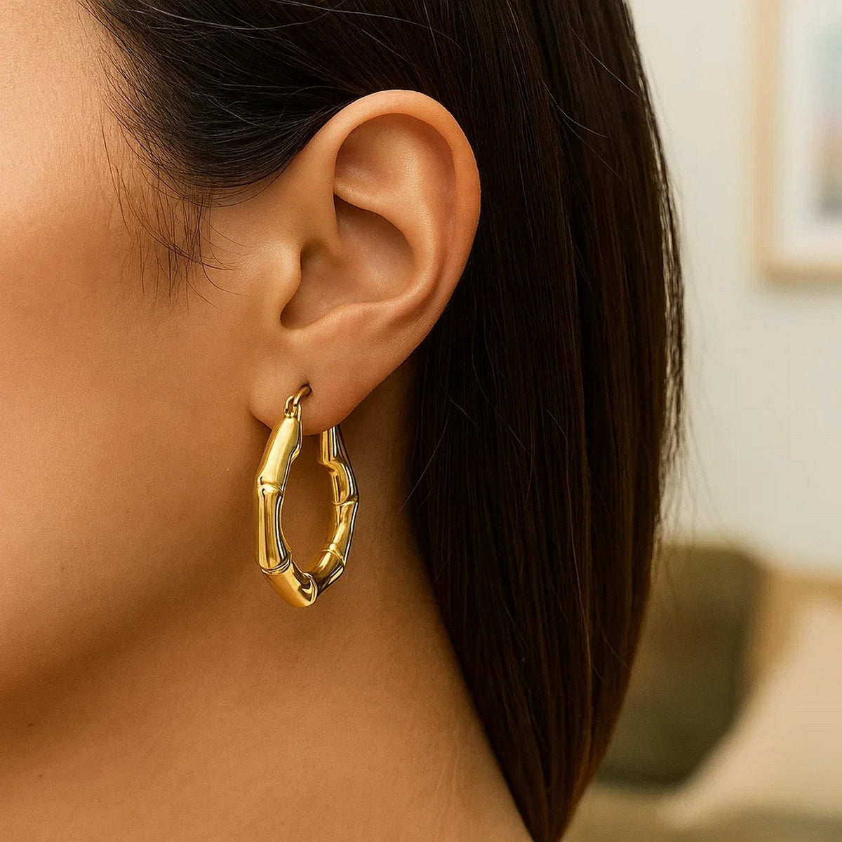 14k Yellow Gold Medium Bamboo Hoop Earrings (25mm) - LinkagejewelrydesignLinkagejewelrydesign