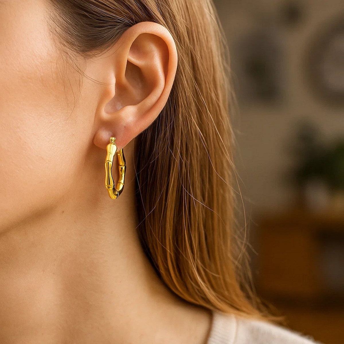 14k Yellow Gold Medium Bamboo Hoop Earrings (25mm) - LinkagejewelrydesignLinkagejewelrydesign