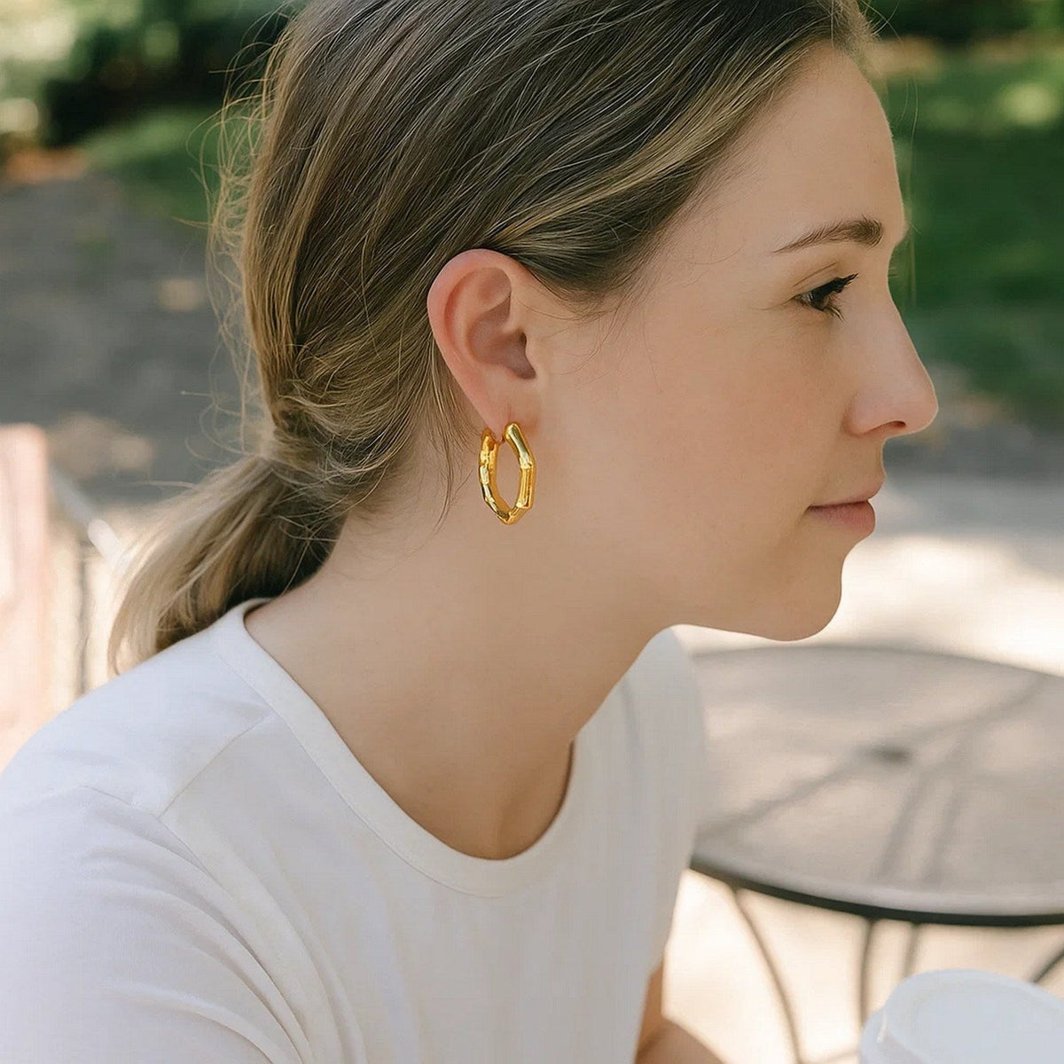 14k Yellow Gold Medium Bamboo Hoop Earrings (25mm) - LinkagejewelrydesignLinkagejewelrydesign