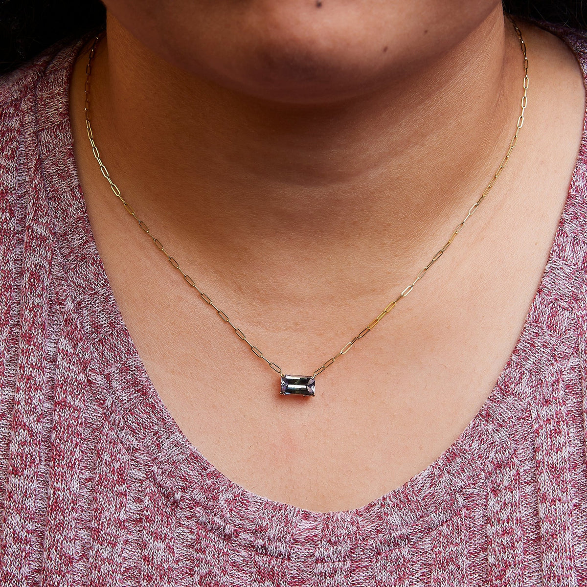 14K Yellow Gold Natural 2 7/8 Cttw Pixel Cut Emerald Bicolor Tanzanite Pendant Necklace with Paperclip Chain - 18 Inches - LinkagejewelrydesignLinkagejewelrydesign