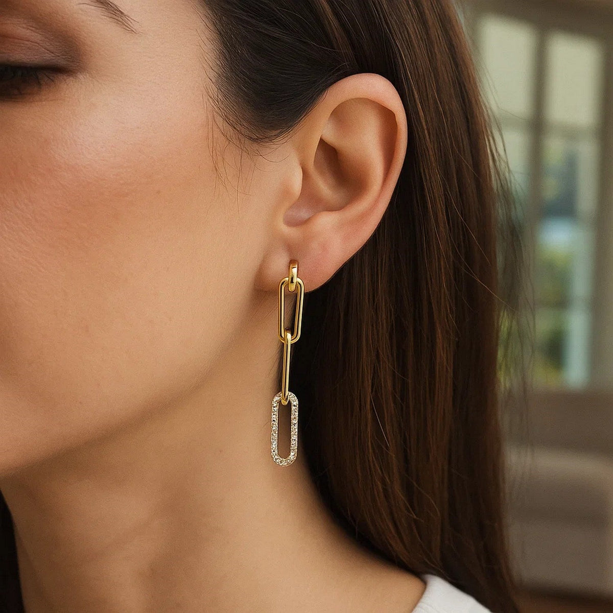 14k Yellow Gold Paperclip Chain Dangle Earrings with Diamonds - LinkagejewelrydesignLinkagejewelrydesign