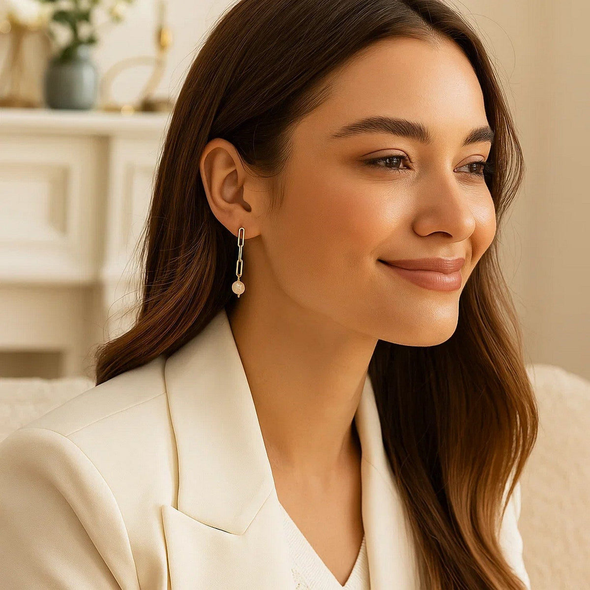 14k Yellow Gold Paperclip Chain Link Earrings with Pearls - LinkagejewelrydesignLinkagejewelrydesign