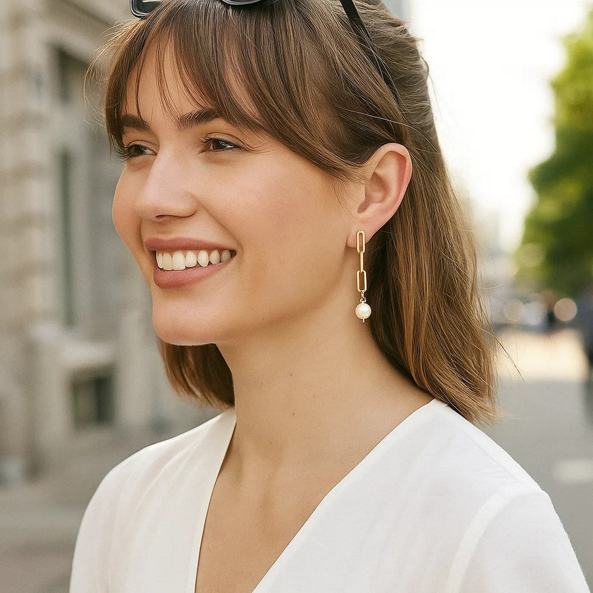 14k Yellow Gold Paperclip Chain Link Earrings with Pearls - LinkagejewelrydesignLinkagejewelrydesign