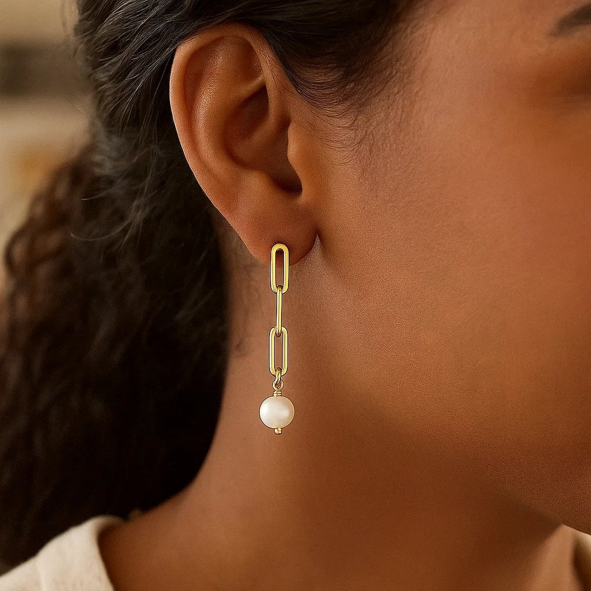 14k Yellow Gold Paperclip Chain Link Earrings with Pearls - LinkagejewelrydesignLinkagejewelrydesign