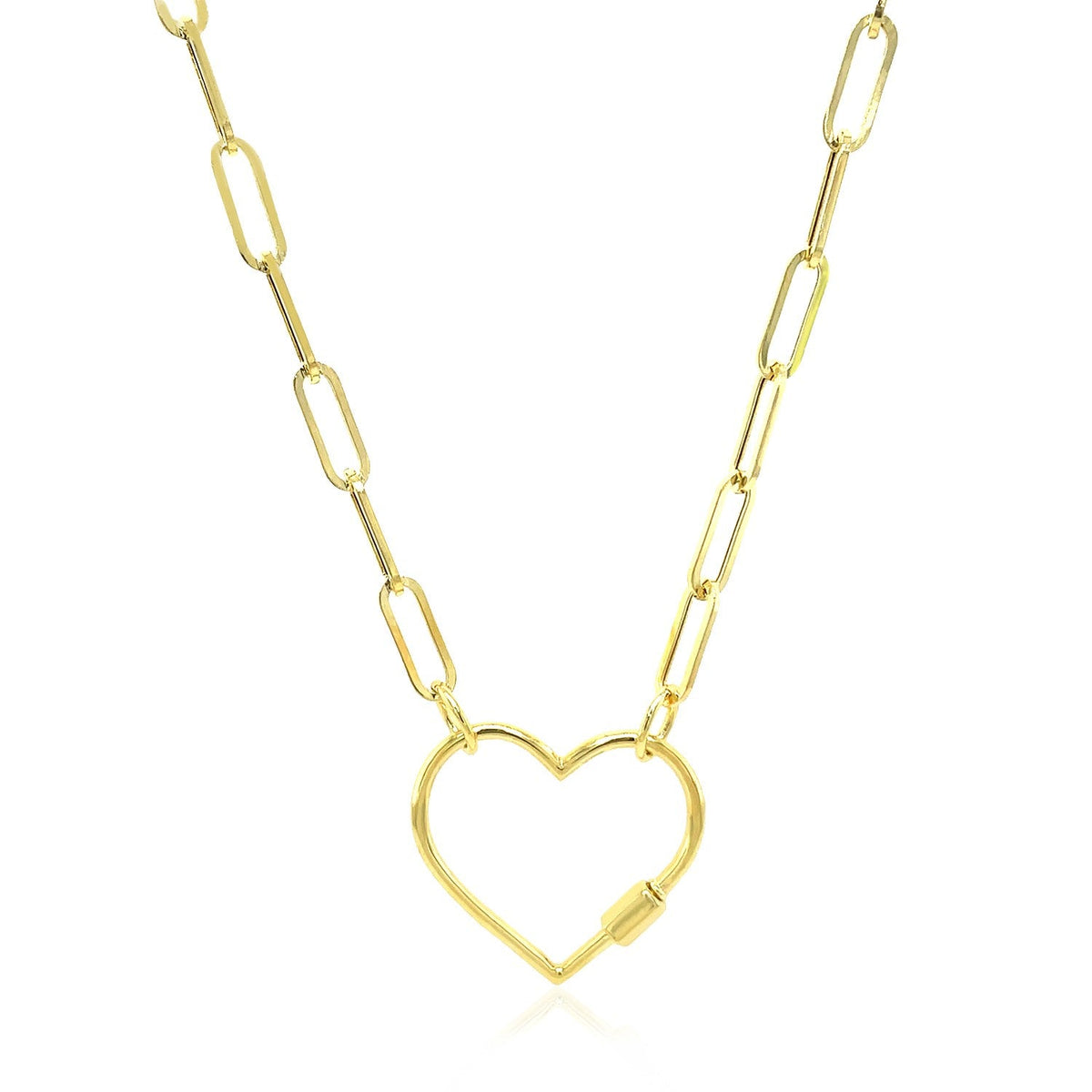 14k Yellow Gold Paperclip Chain Necklace with Heart Carabiner Clasp - LinkagejewelrydesignLinkagejewelrydesign