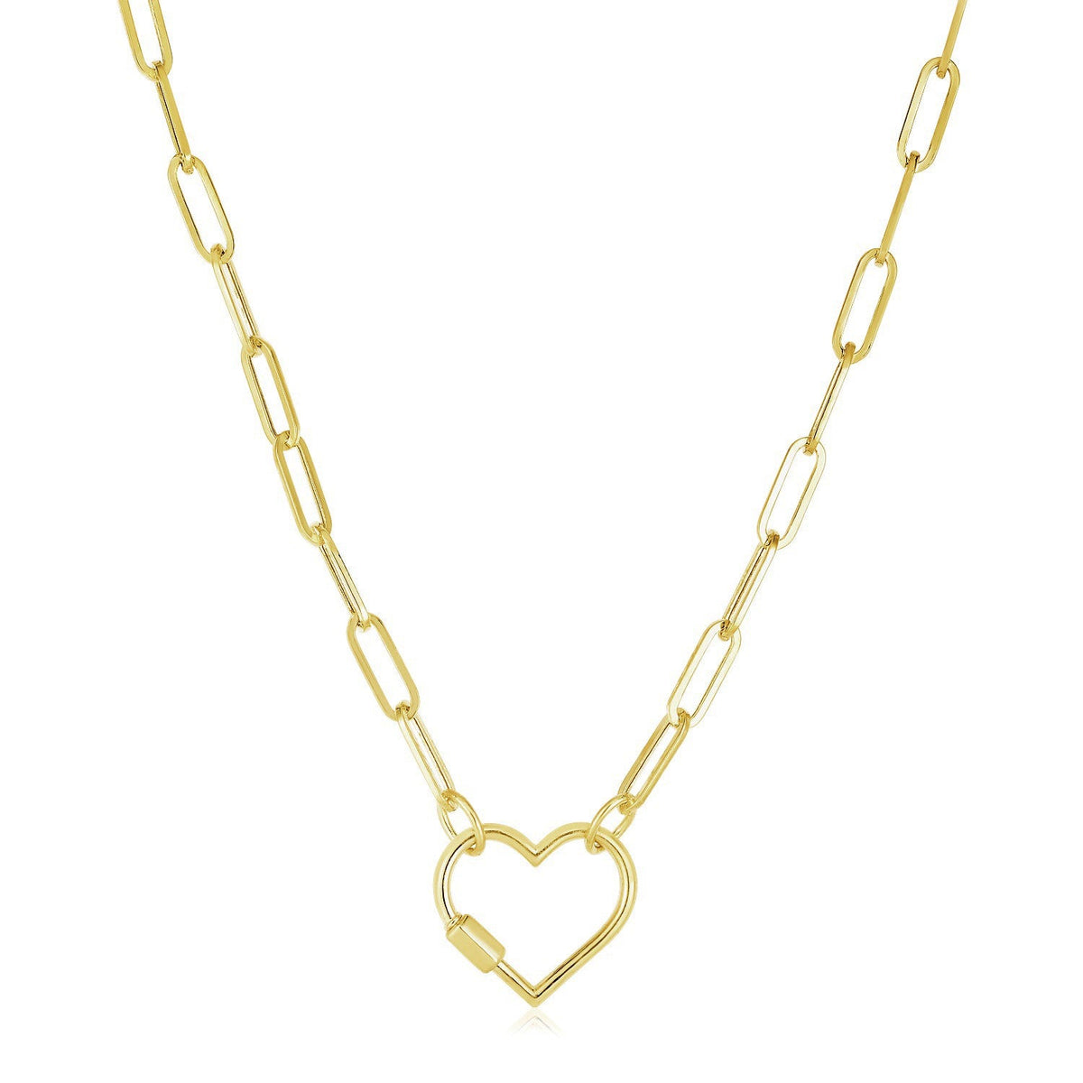 14k Yellow Gold Paperclip Chain Necklace with Heart Carabiner Clasp - LinkagejewelrydesignLinkagejewelrydesign