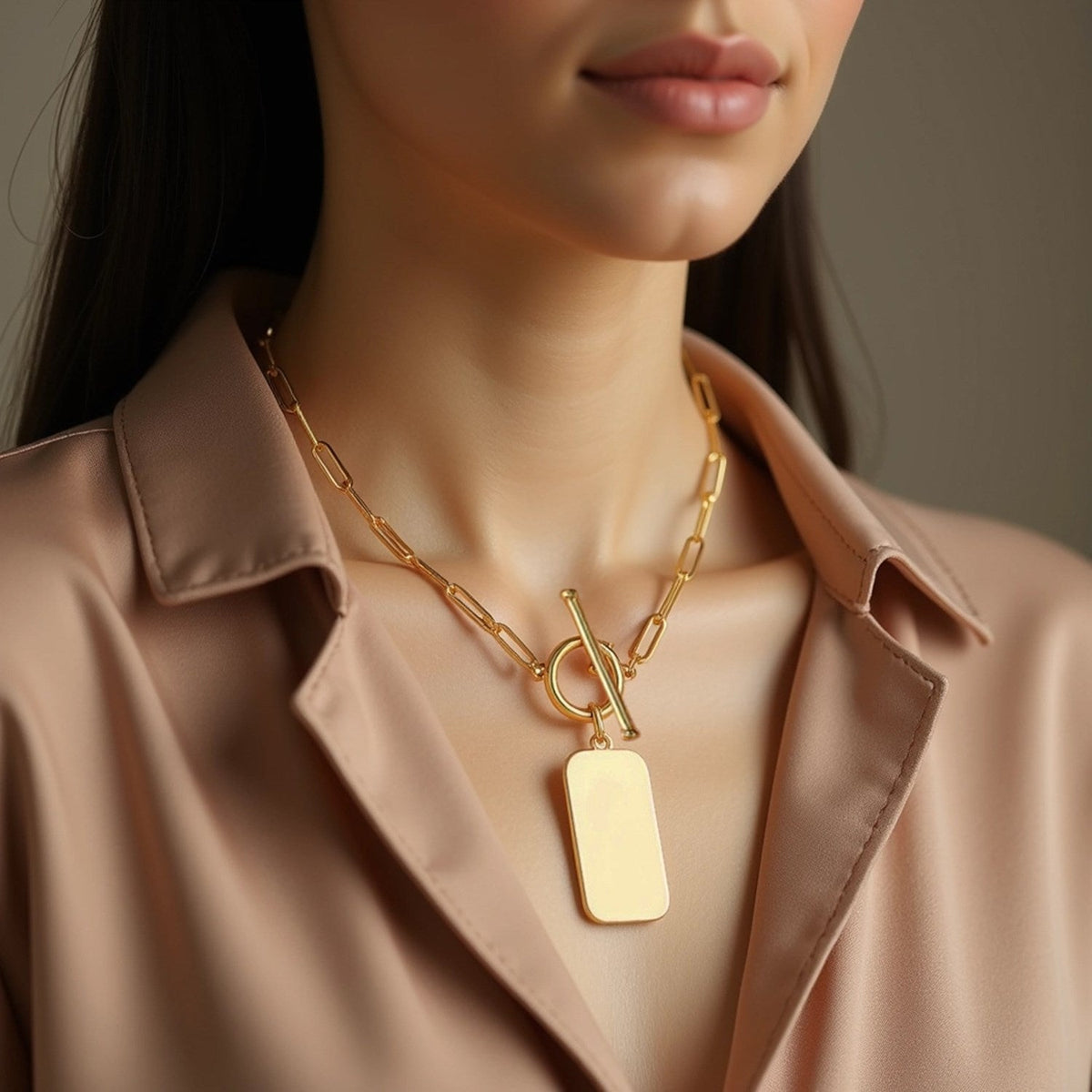 14k Yellow Gold Paperclip Chain Necklace with Rounded Rectangle Pendant - LinkagejewelrydesignLinkagejewelrydesign