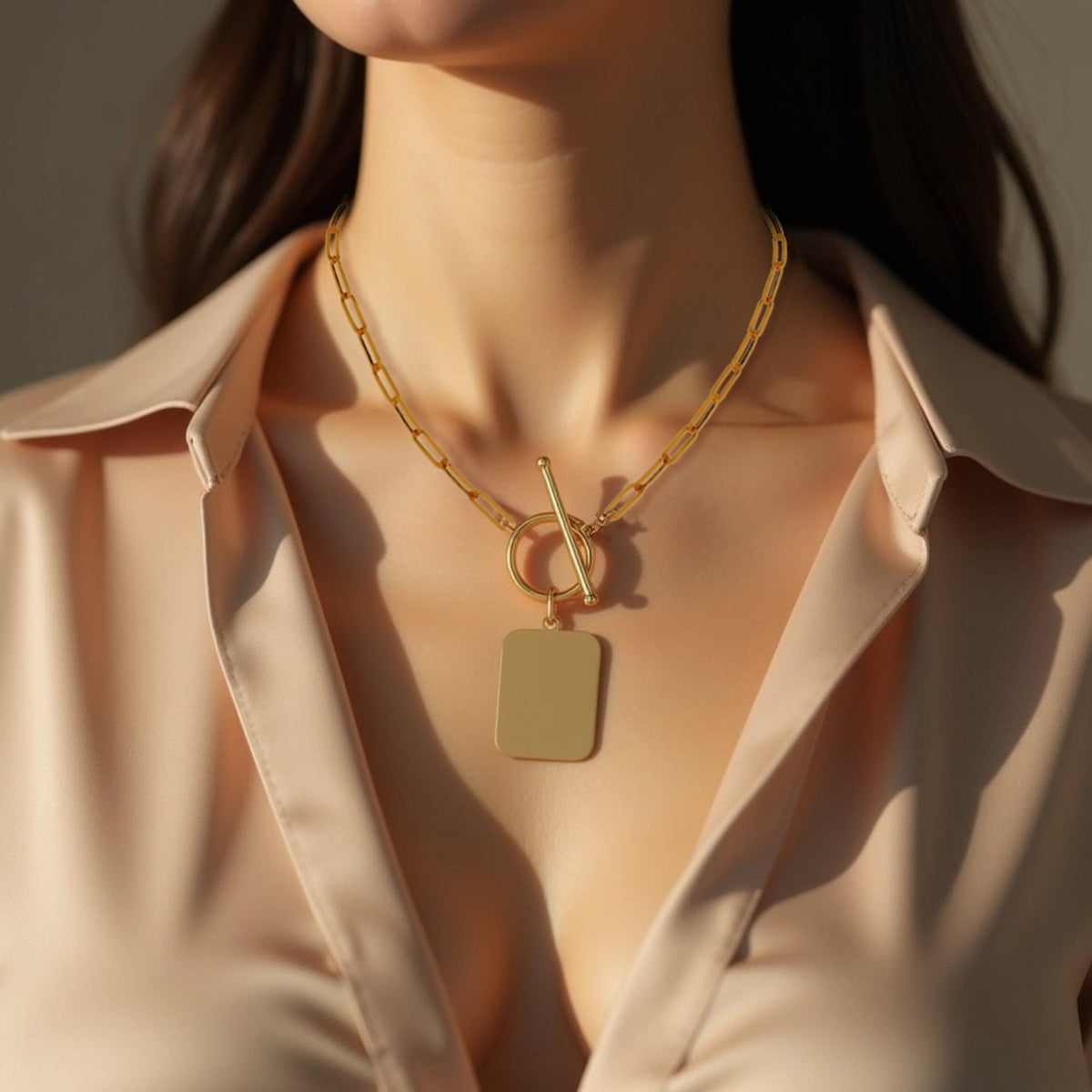 14k Yellow Gold Paperclip Chain Necklace with Rounded Rectangle Pendant - LinkagejewelrydesignLinkagejewelrydesign