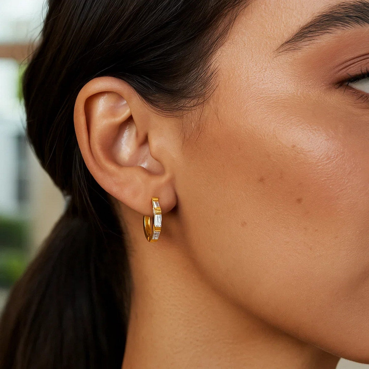 14k Yellow Gold Petite Octagonal Hoop Earrings with Cubic Zirconias - LinkagejewelrydesignLinkagejewelrydesign