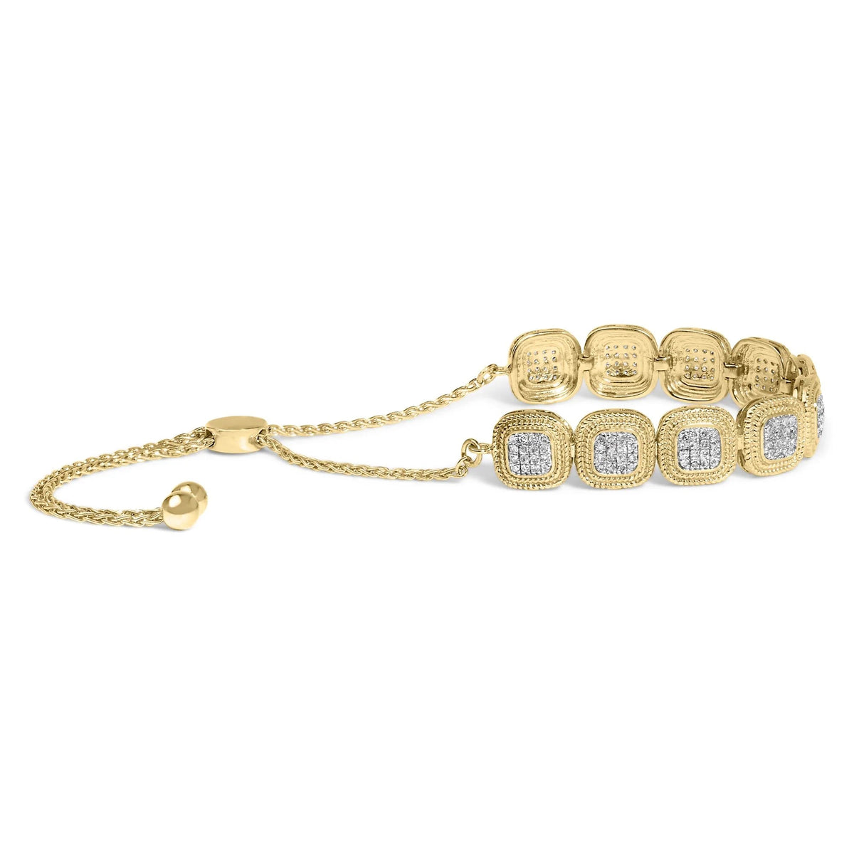 14k Yellow Gold Plated .925 Sterling 5/8 Cttw Diamond Composite Cushion Frame 4” - 10” Adjustable Bolo Bracelet (G - H Color, I1 - I2 Clarity) - LinkagejewelrydesignLinkagejewelrydesign