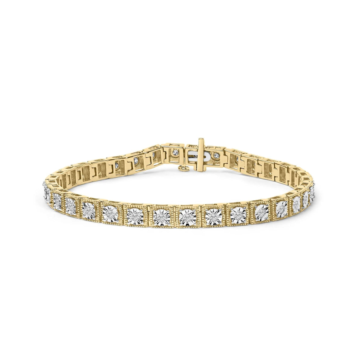 14K Yellow Gold Plated .925 Sterling Silver 1.0 Cttw Miracle Set Diamond Milgrain Link Tennis Bracelet (I - J Color, I2 - I3 Clarity) - 7&quot; Inches - LinkagejewelrydesignLinkagejewelrydesign