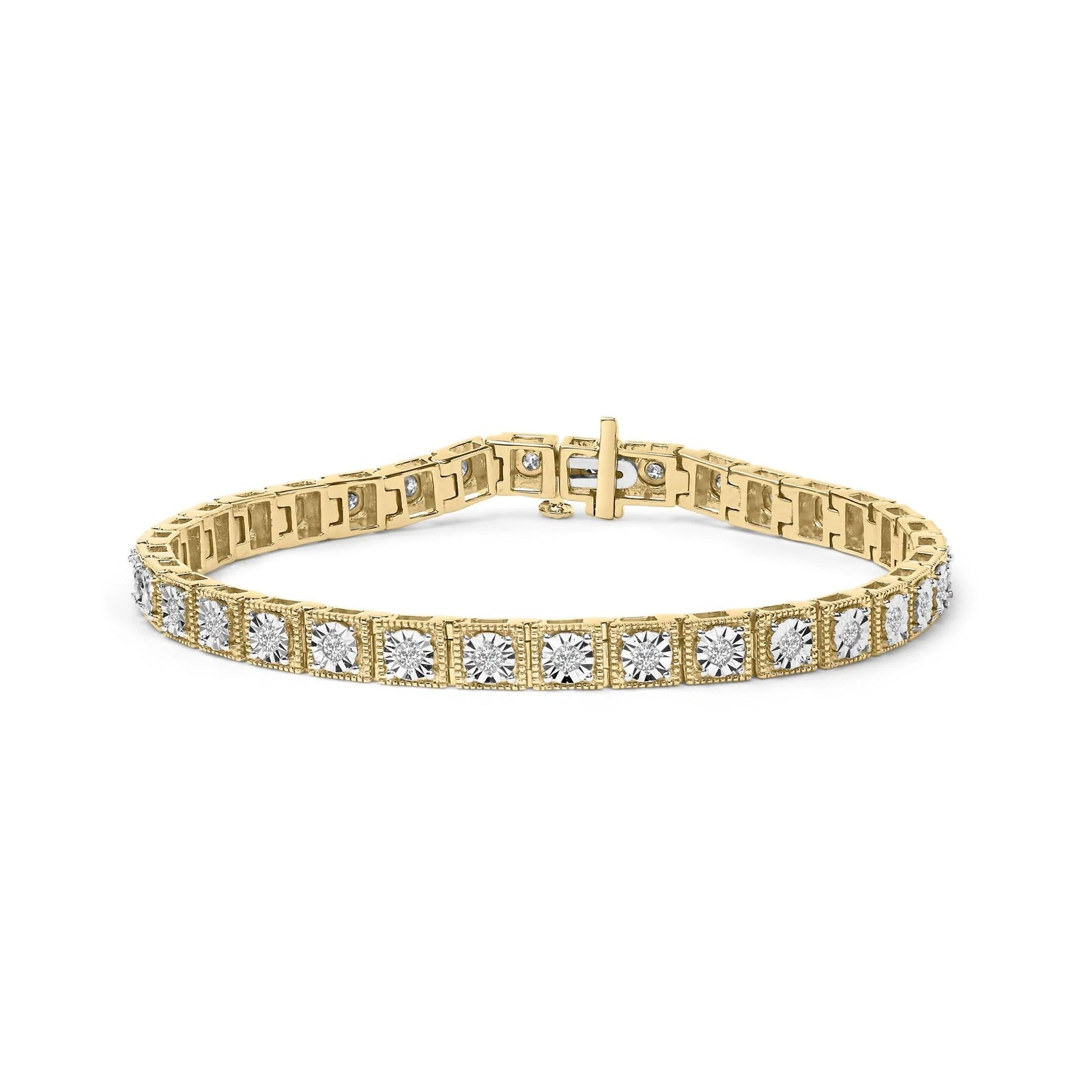 14K Yellow Gold Plated .925 Sterling Silver 1.0 Cttw Miracle Set Diamond Milgrain Link Tennis Bracelet (I - J Color, I2 - I3 Clarity) - 7" Inches - LinkagejewelrydesignLinkagejewelrydesign