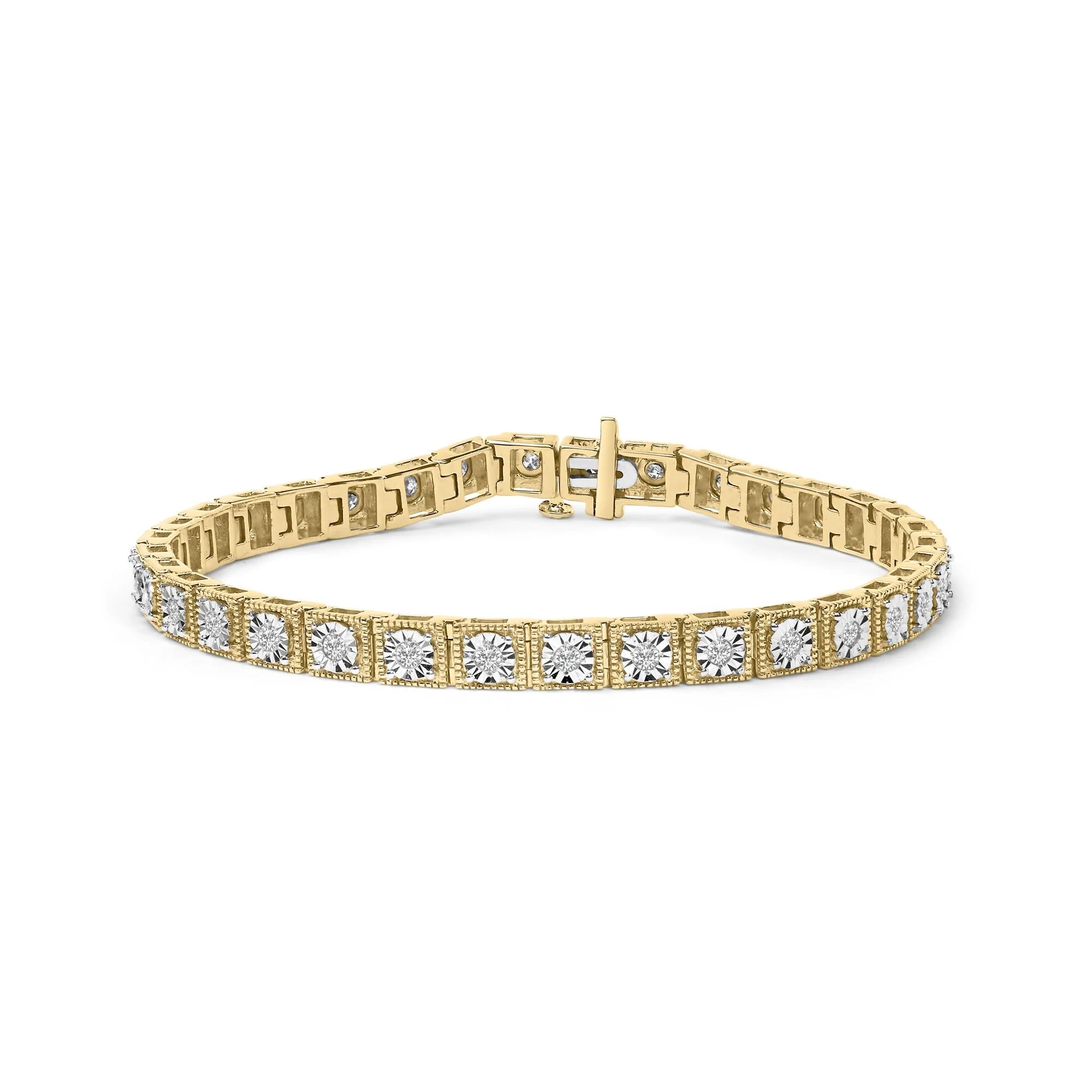 14K Yellow Gold Plated .925 Sterling Silver 1.0 Cttw Miracle Set Diamond Milgrain Link Tennis Bracelet (I - J Color, I2 - I3 Clarity) - 7" Inches - LinkagejewelrydesignLinkagejewelrydesign