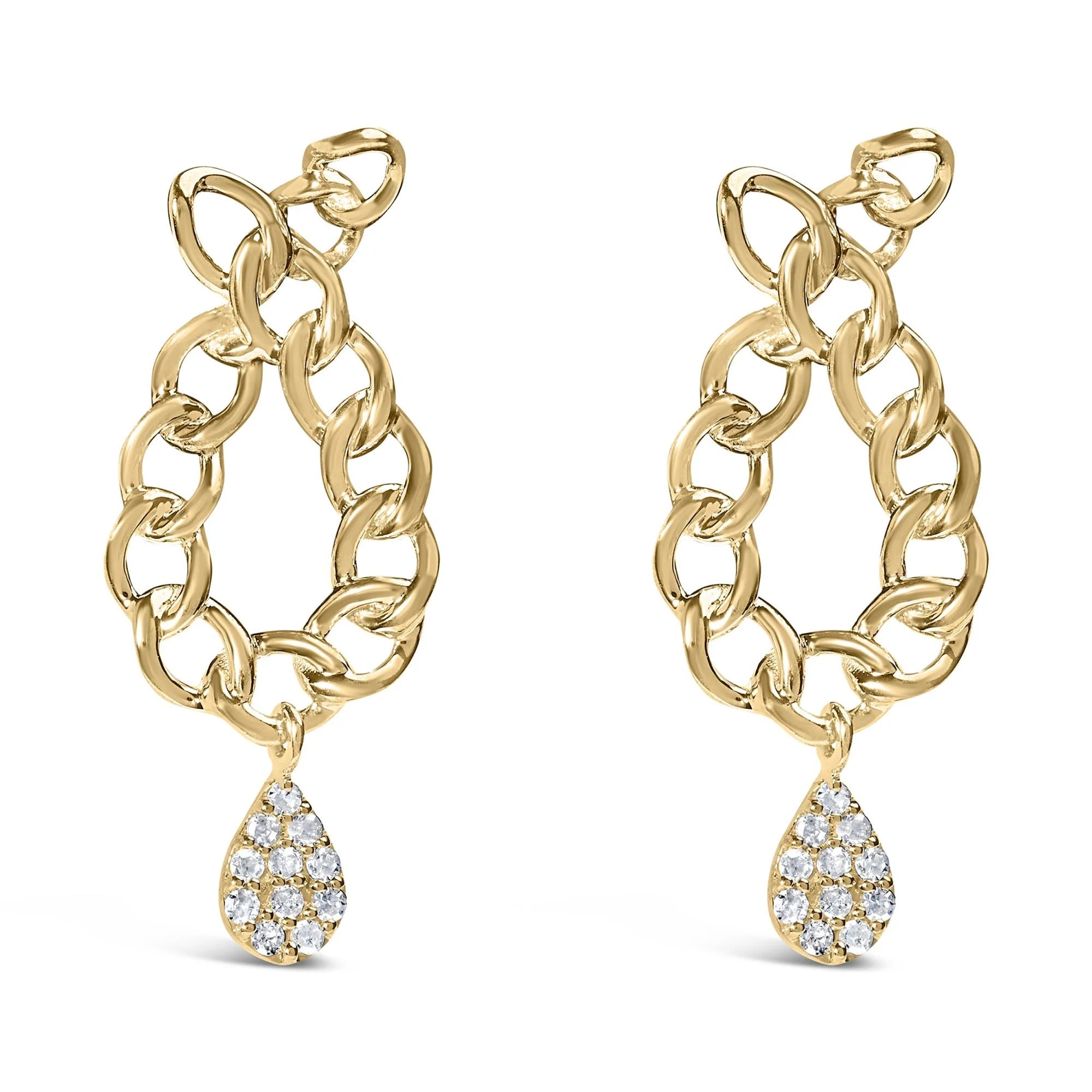 14K Yellow Gold Plated .925 Sterling Silver 1/10 Cttw Diamond Chain Link Teardrop Dangle Earrings (H - I Color, I1 - I2 Clarity) - LinkagejewelrydesignLinkagejewelrydesign