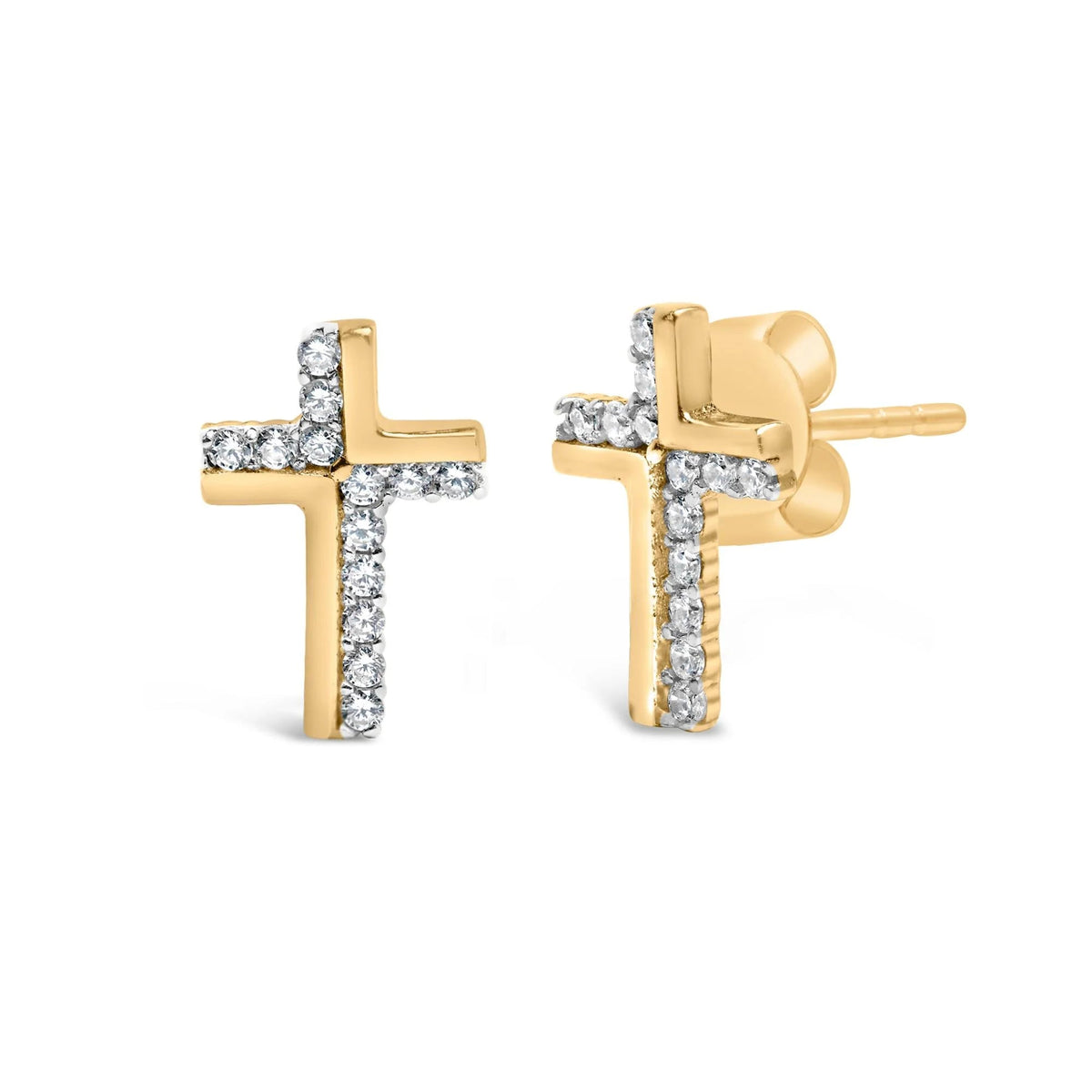 14K Yellow Gold Plated .925 Sterling Silver 1/10 Cttw Diamond Cross Stud Earring (I - J Color, I3 Clarity) - LinkagejewelrydesignLinkagejewelrydesign