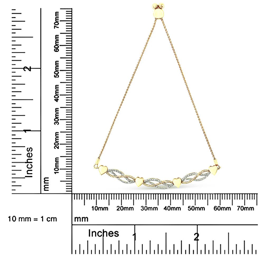 14K Yellow Gold Plated .925 Sterling Silver 1/10 Cttw Diamond Wave and Hearts Bolo Bracelet (I - J Color, I2 - I3 Clarity) - 4" - 10" Adjustable - LinkagejewelrydesignLinkagejewelrydesign