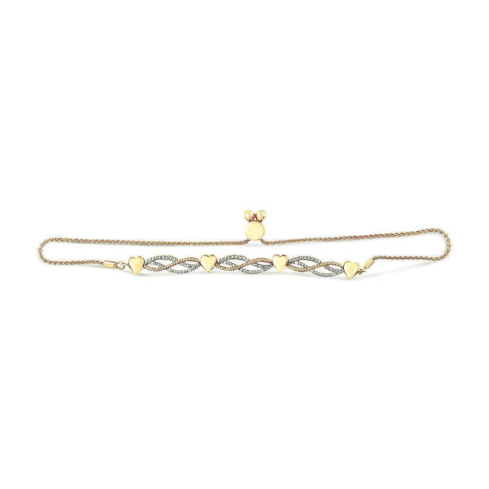 14K Yellow Gold Plated .925 Sterling Silver 1/10 Cttw Diamond Wave and Hearts Bolo Bracelet (I - J Color, I2 - I3 Clarity) - 4" - 10" Adjustable - LinkagejewelrydesignLinkagejewelrydesign