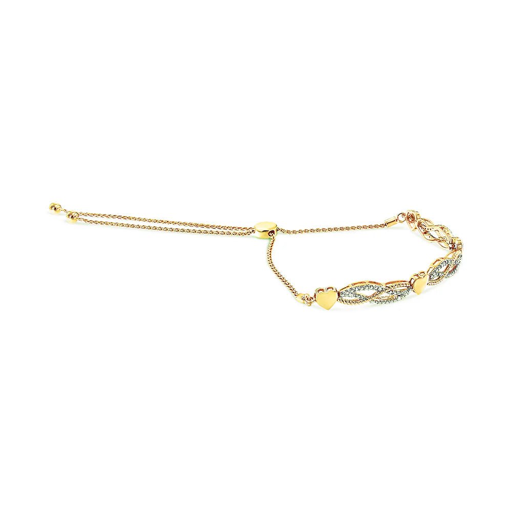 14K Yellow Gold Plated .925 Sterling Silver 1/10 Cttw Diamond Wave and Hearts Bolo Bracelet (I - J Color, I2 - I3 Clarity) - 4" - 10" Adjustable - LinkagejewelrydesignLinkagejewelrydesign