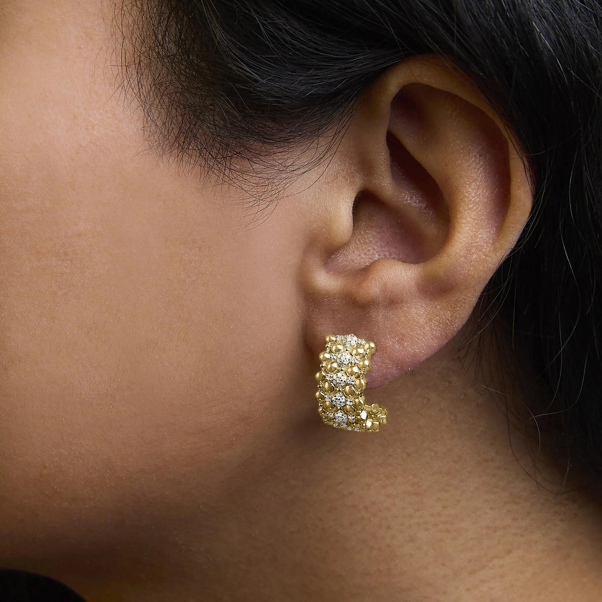 14K Yellow Gold Plated .925 Sterling Silver 1/3 Cttw Diamond and Ball Bead J Hoop Earrings (H - I Color, I1 - I2 Clarity) - LinkagejewelrydesignLinkagejewelrydesign