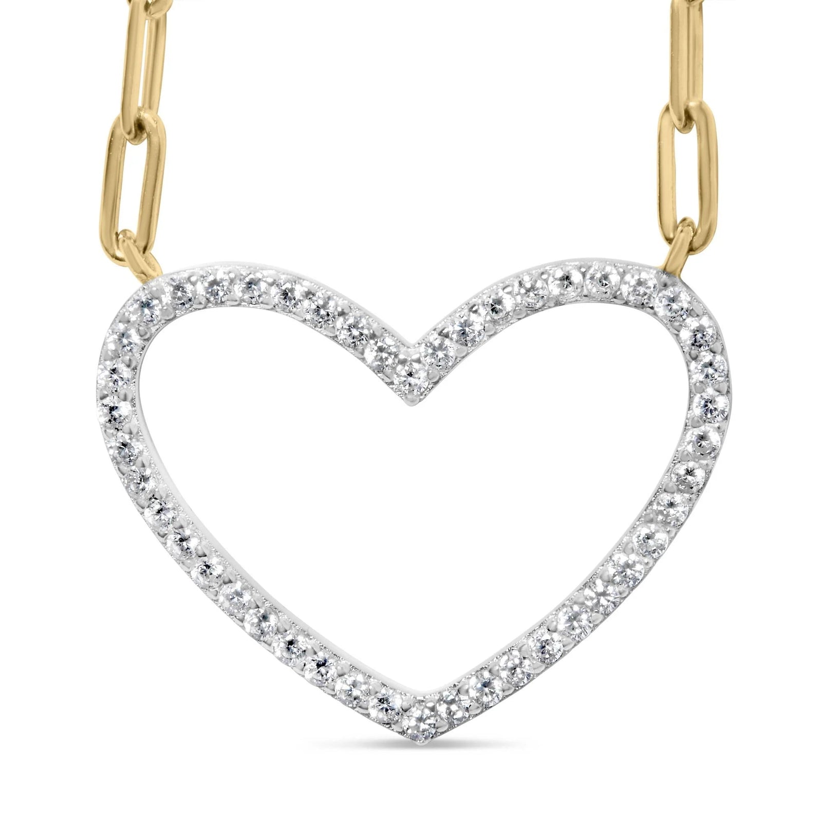14K Yellow Gold Plated .925 Sterling Silver 1/4 Cttw Diamond Open Heart with Paperclip Chain Pendant Necklace (I - J Color, I2 - I3 Clarity) - 18" Inches - LinkagejewelrydesignLinkagejewelrydesign