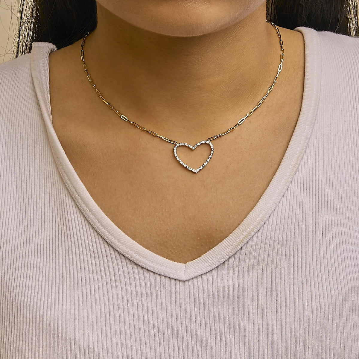14K Yellow Gold Plated .925 Sterling Silver 1/4 Cttw Diamond Open Heart with Paperclip Chain Pendant Necklace (I - J Color, I2 - I3 Clarity) - 18&quot; Inches - LinkagejewelrydesignLinkagejewelrydesign
