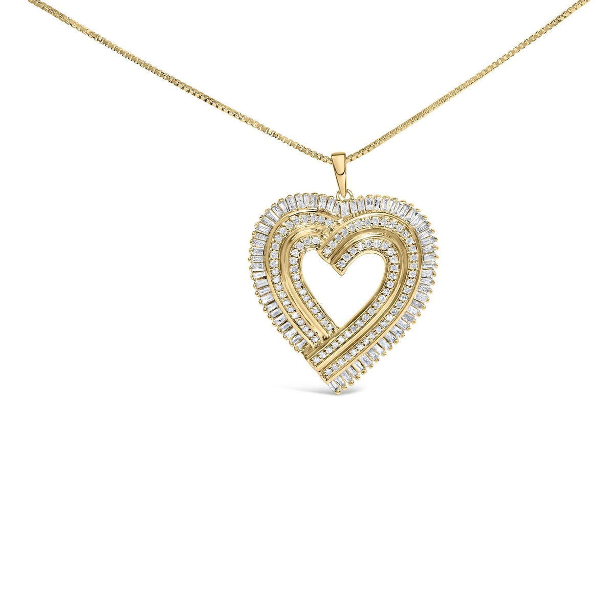 14K Yellow Gold Plated .925 Sterling Silver 1/4 Cttw Round and Baguette - Cut Diamond Composite Heart 18" Pendant Necklace (H - I Color, SI2 - I1 Clarity) - LinkagejewelrydesignLinkagejewelrydesign