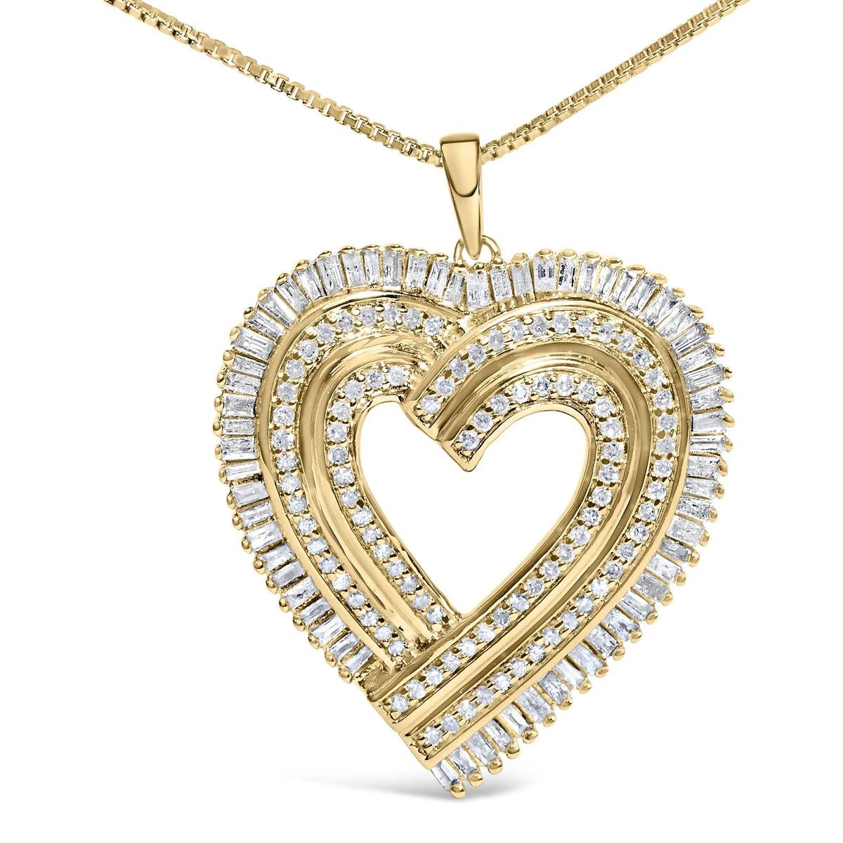 14K Yellow Gold Plated .925 Sterling Silver 1/4 Cttw Round and Baguette - Cut Diamond Composite Heart 18" Pendant Necklace (H - I Color, SI2 - I1 Clarity) - LinkagejewelrydesignLinkagejewelrydesign