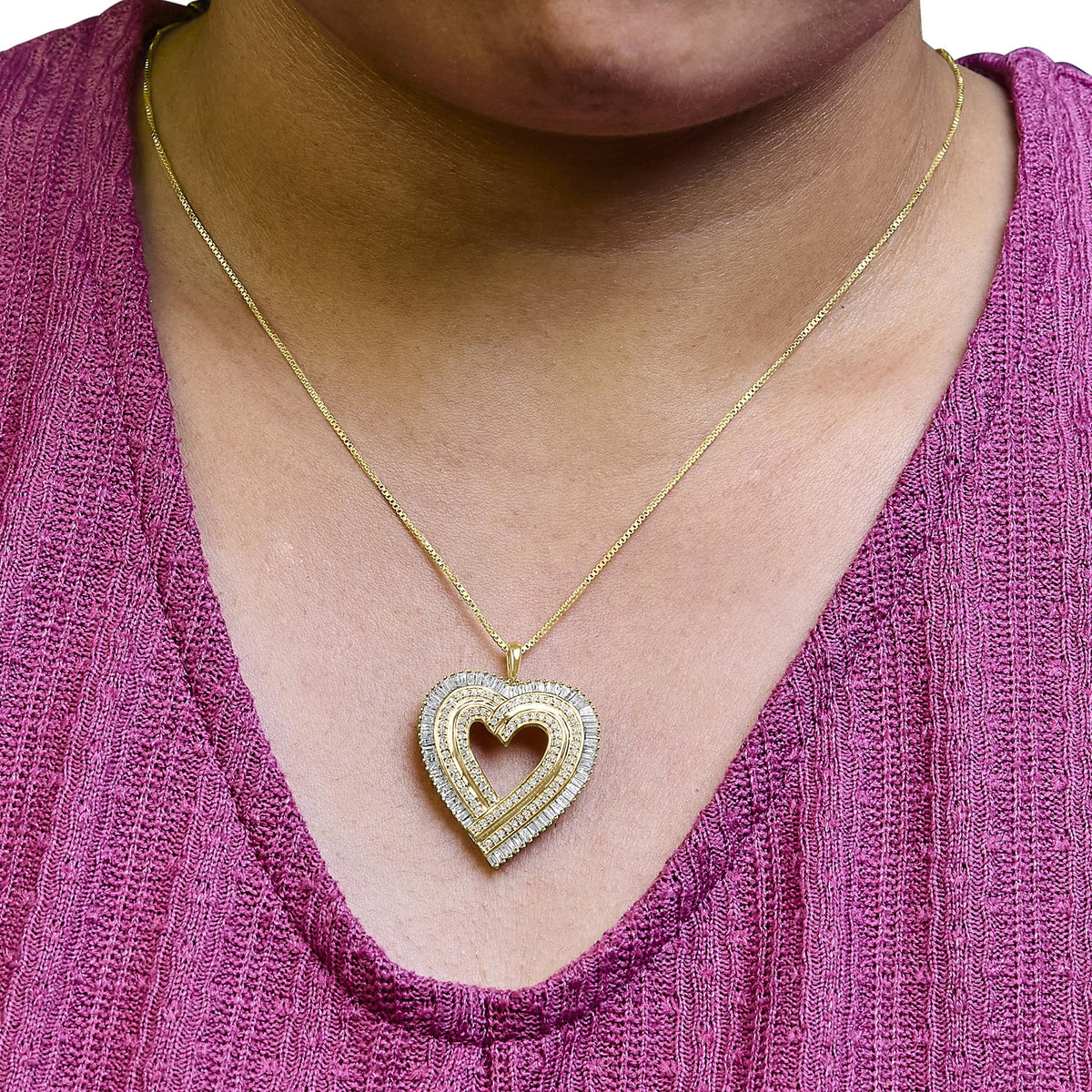 14K Yellow Gold Plated .925 Sterling Silver 1/4 Cttw Round and Baguette - Cut Diamond Composite Heart 18" Pendant Necklace (H - I Color, SI2 - I1 Clarity) - LinkagejewelrydesignLinkagejewelrydesign