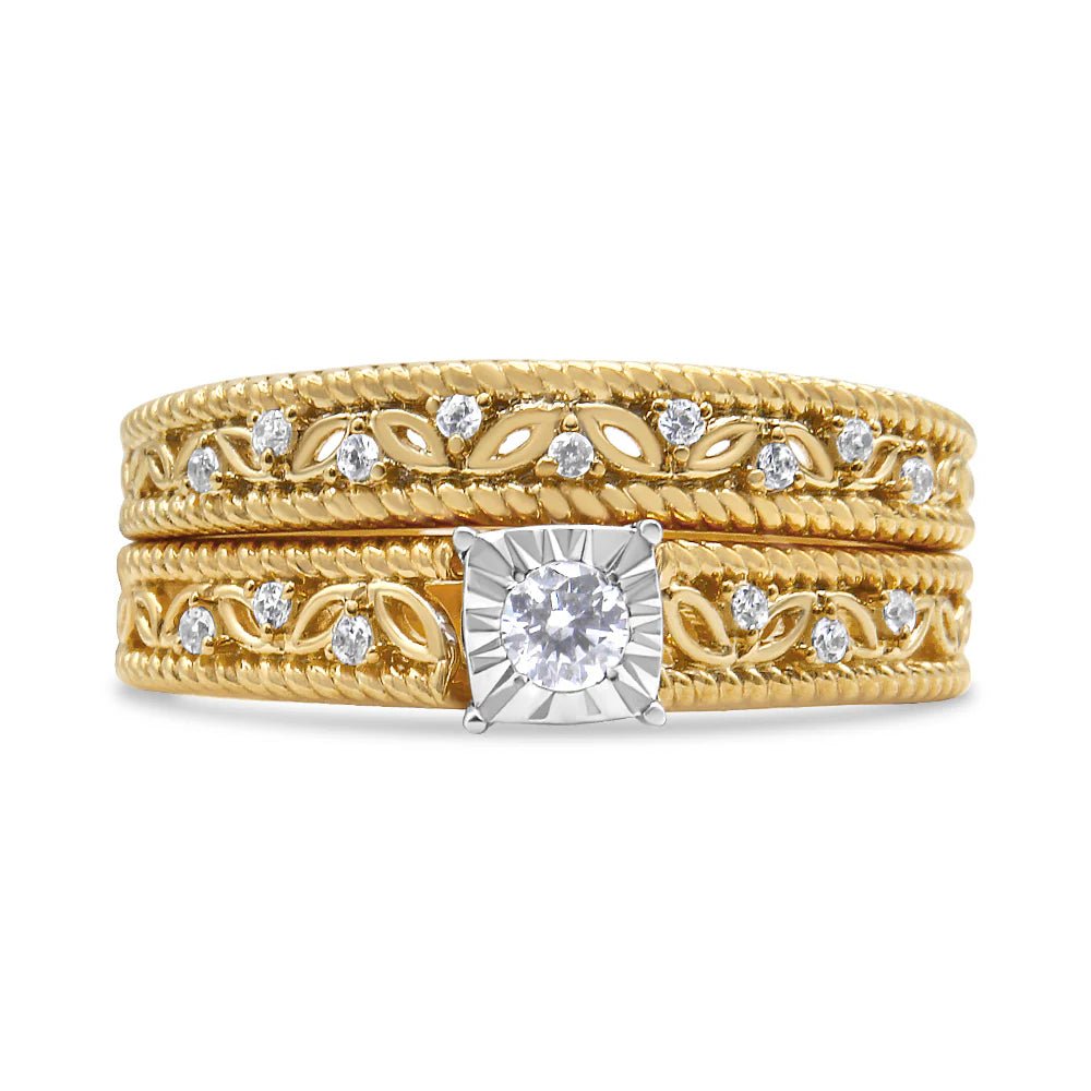 14K Yellow Gold Plated .925 Sterling Silver 1/5 Cttw Diamond Art Deco Style Engagement Ring Bridal Set (I - J Color, I3 Clarity) - LinkagejewelrydesignLinkagejewelrydesign