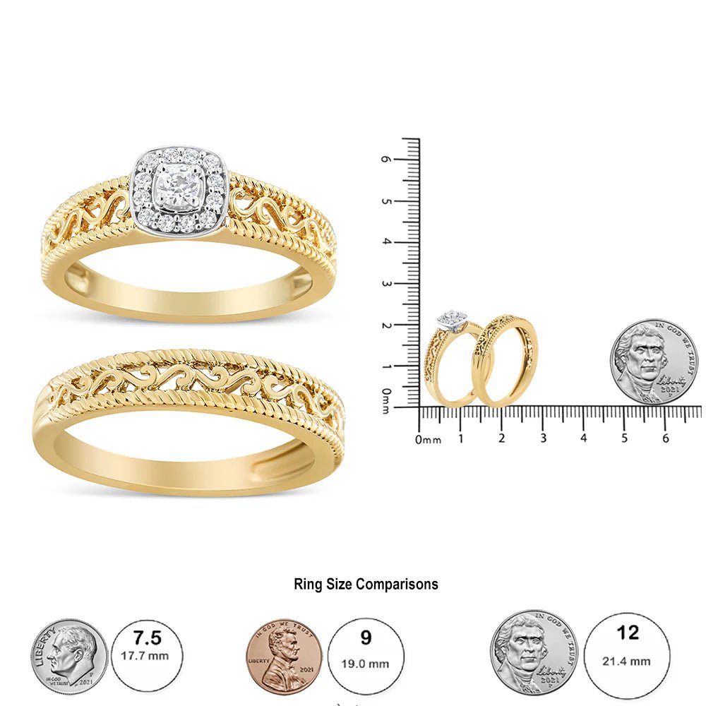14K Yellow Gold Plated .925 Sterling Silver 1/5 Cttw Diamond Halo and Milgrain Finish Engagement Ring Bridal Set (I - J Color I3 Clarity) - LinkagejewelrydesignLinkagejewelrydesign