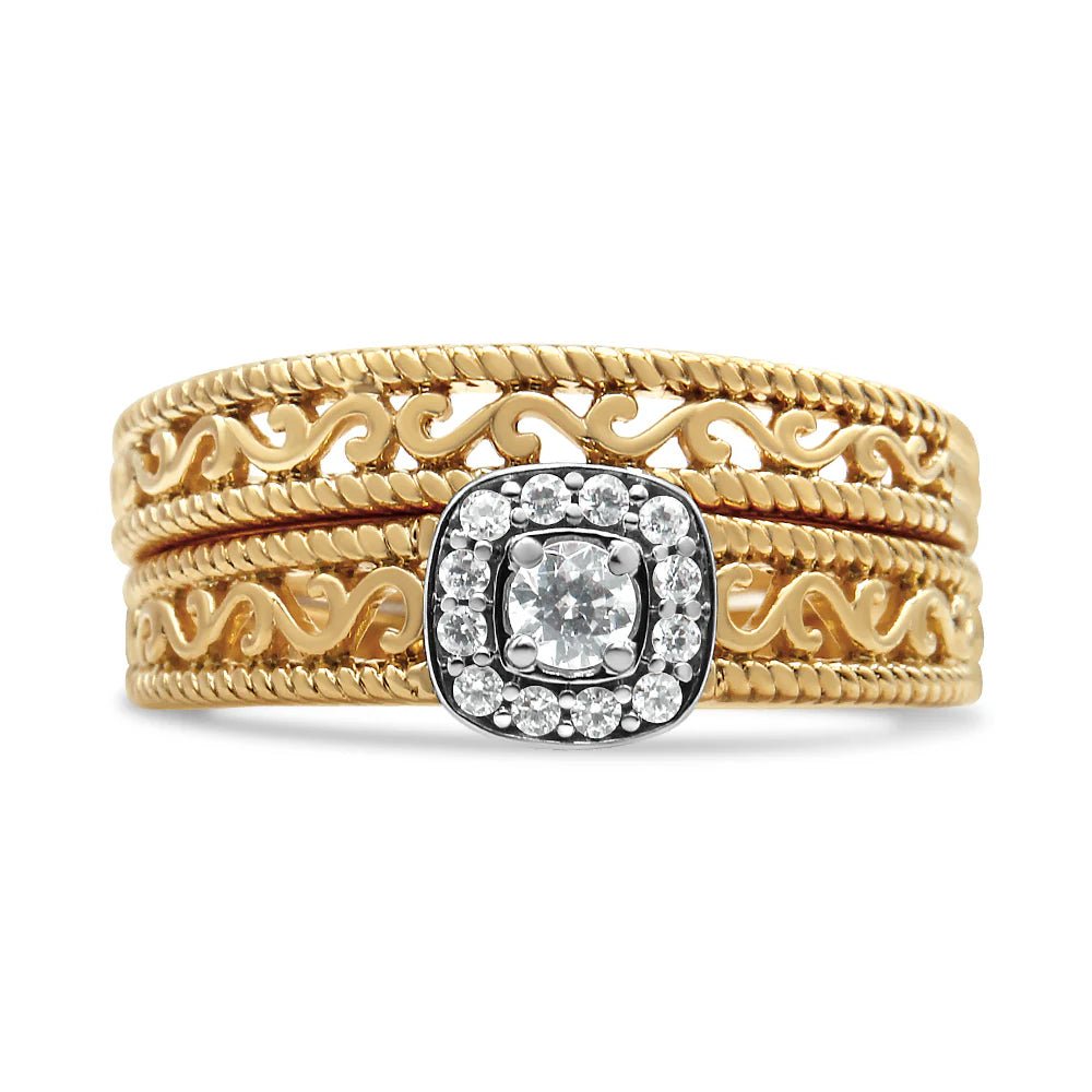 14K Yellow Gold Plated .925 Sterling Silver 1/5 Cttw Diamond Halo and Milgrain Finish Engagement Ring Bridal Set (I - J Color I3 Clarity) - LinkagejewelrydesignLinkagejewelrydesign