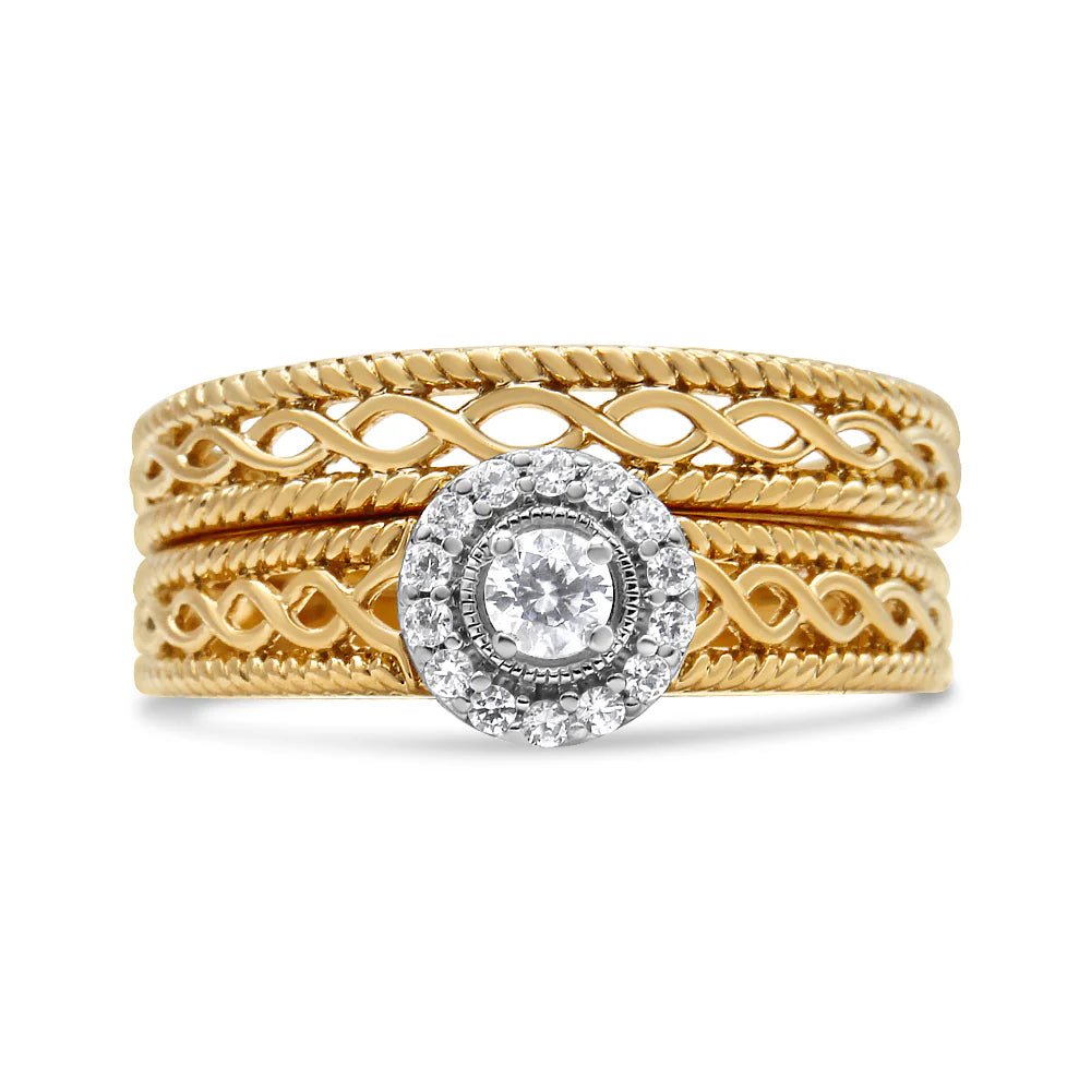 14K Yellow Gold Plated .925 Sterling Silver 1/5 Cttw Diamond Halo Engagement Ring and Wedding Band Set (I - J Color, I3 Clarity) - LinkagejewelrydesignLinkagejewelrydesign