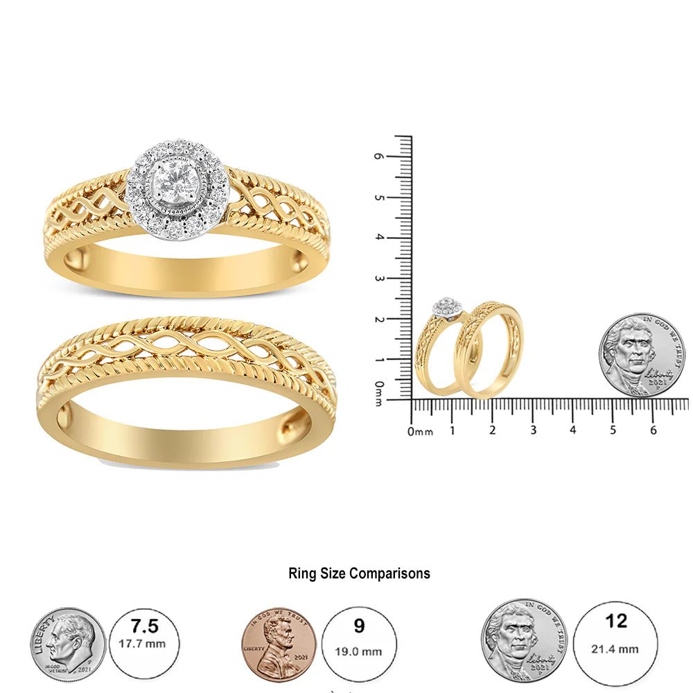 14K Yellow Gold Plated .925 Sterling Silver 1/5 Cttw Diamond Halo Engagement Ring and Wedding Band Set (I - J Color, I3 Clarity) - LinkagejewelrydesignLinkagejewelrydesign