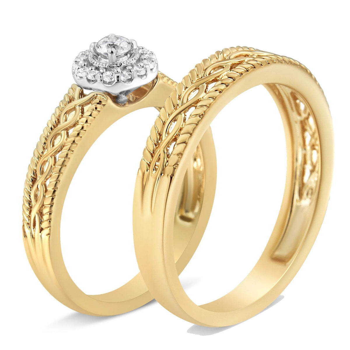 14K Yellow Gold Plated .925 Sterling Silver 1/5 Cttw Diamond Halo Engagement Ring and Wedding Band Set (I - J Color, I3 Clarity) - LinkagejewelrydesignLinkagejewelrydesign