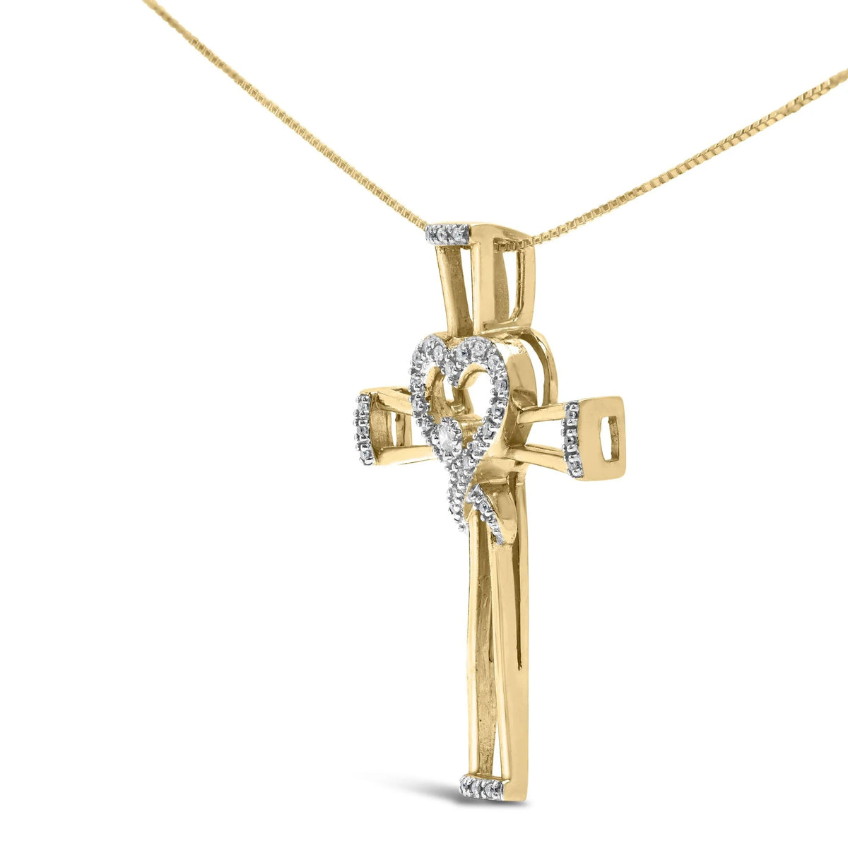 14K Yellow Gold Plated .925 Sterling Silver 1/6 Cttw Diamond Interlocking Heart and Ribbon Cross Pendant Necklace (H - I Color, I2 - I3 Clarity) - 18" Inches - LinkagejewelrydesignLinkagejewelrydesign
