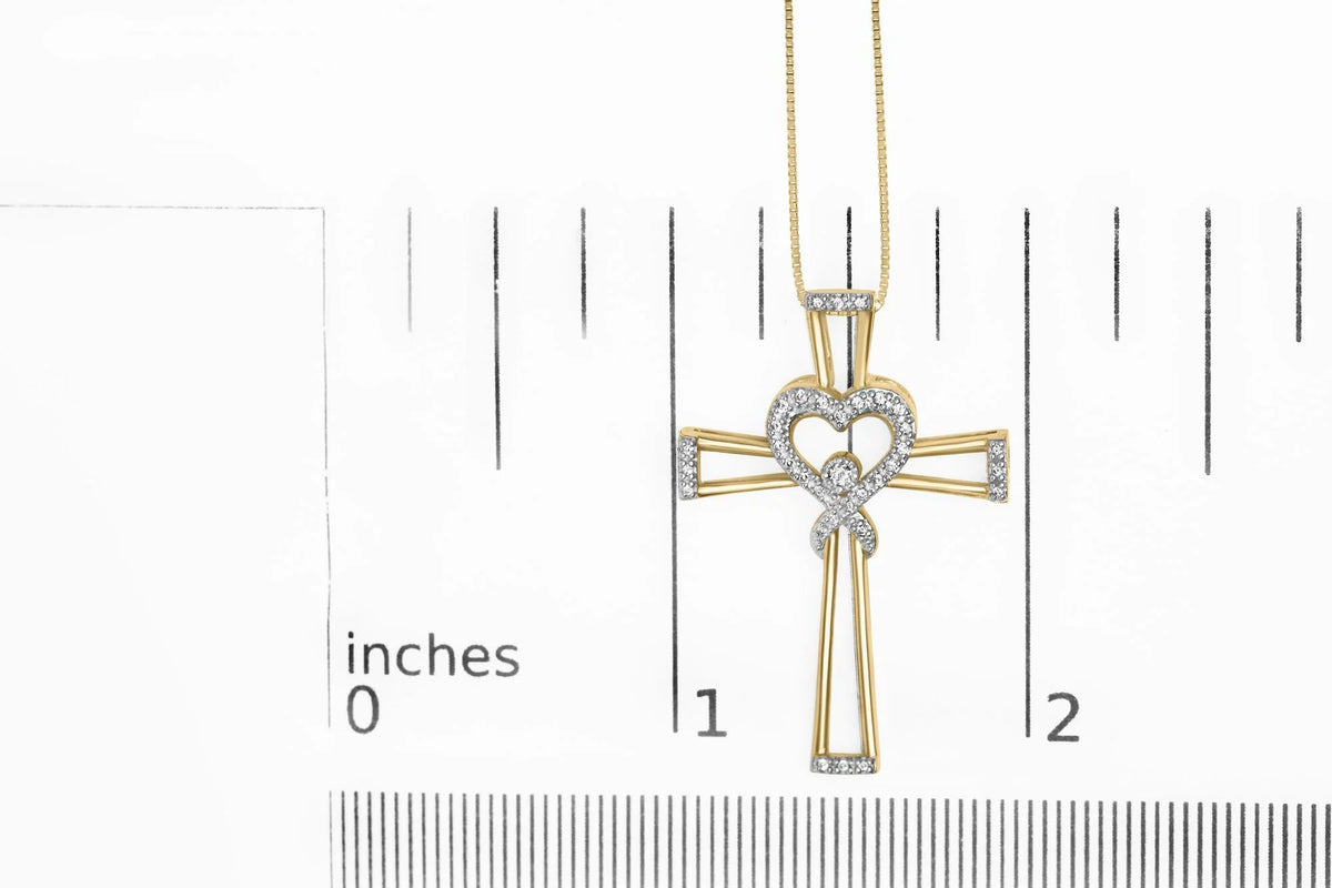 14K Yellow Gold Plated .925 Sterling Silver 1/6 Cttw Diamond Interlocking Heart and Ribbon Cross Pendant Necklace (H - I Color, I2 - I3 Clarity) - 18" Inches - LinkagejewelrydesignLinkagejewelrydesign