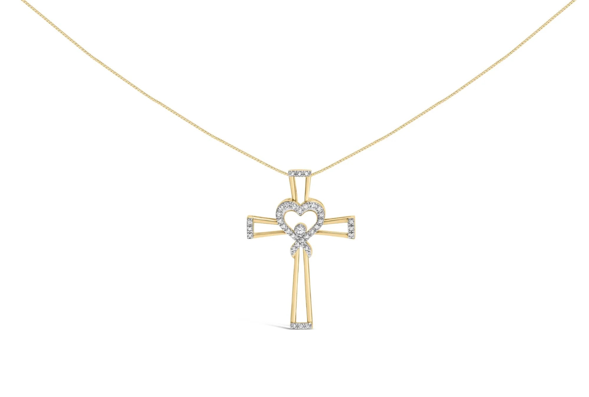 14K Yellow Gold Plated .925 Sterling Silver 1/6 Cttw Diamond Interlocking Heart and Ribbon Cross Pendant Necklace (H - I Color, I2 - I3 Clarity) - 18" Inches - LinkagejewelrydesignLinkagejewelrydesign