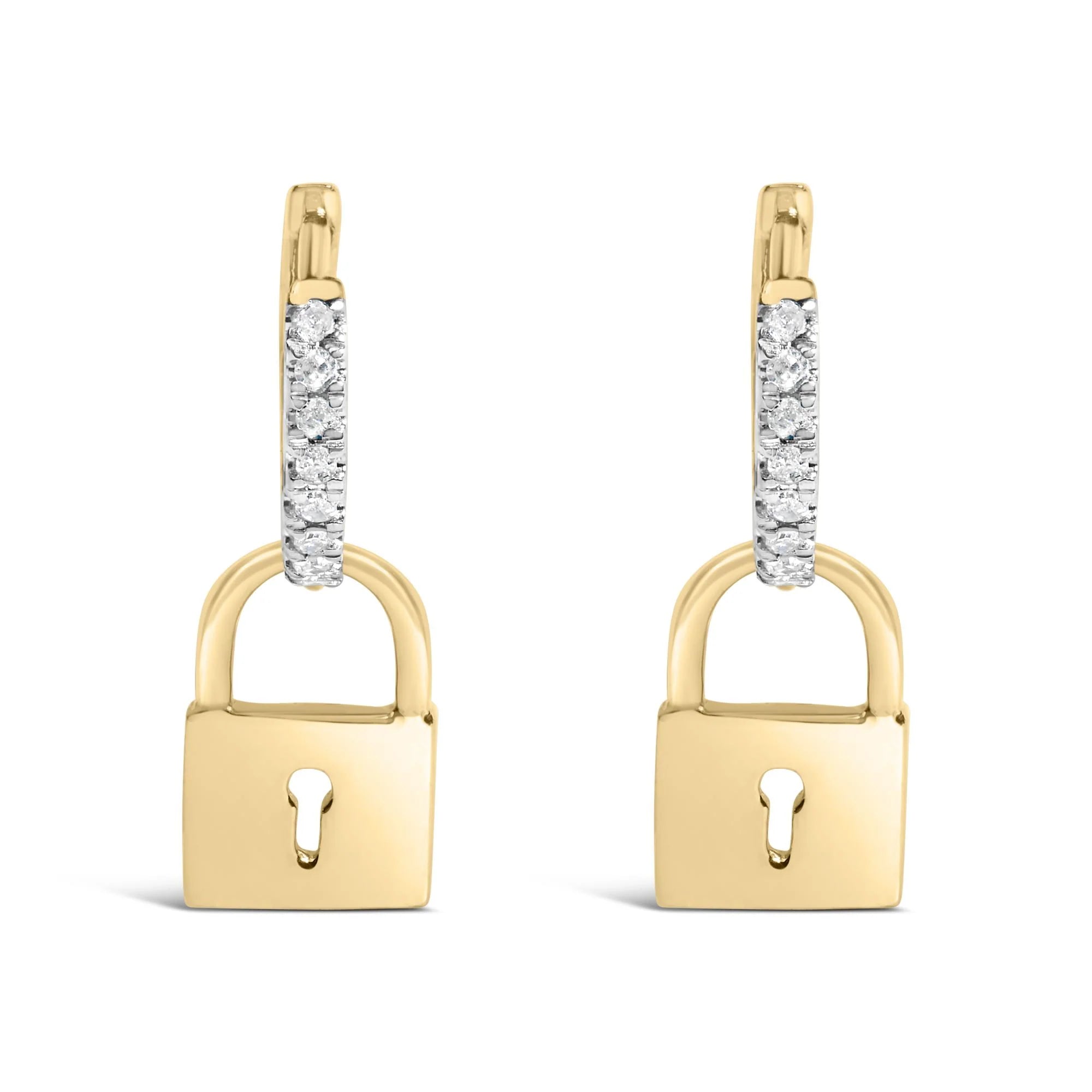 14K Yellow Gold Plated .925 Sterling Silver 1/6 Cttw Diamond Lock Hoop Earring (I - J Color, I3 Clarity) - LinkagejewelrydesignLinkagejewelrydesign